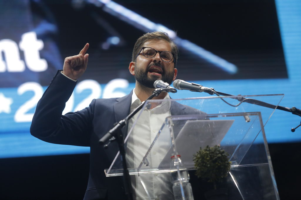 Gabriel Boric who won Chile's presidential election, makes a speech during the celebrations in Santiago, Chile on De. 19, 2021. Boric, 35, becomes country's youngest leader. (Cris Saavedra Vogel–Anadolu Agency/ Getty Images)