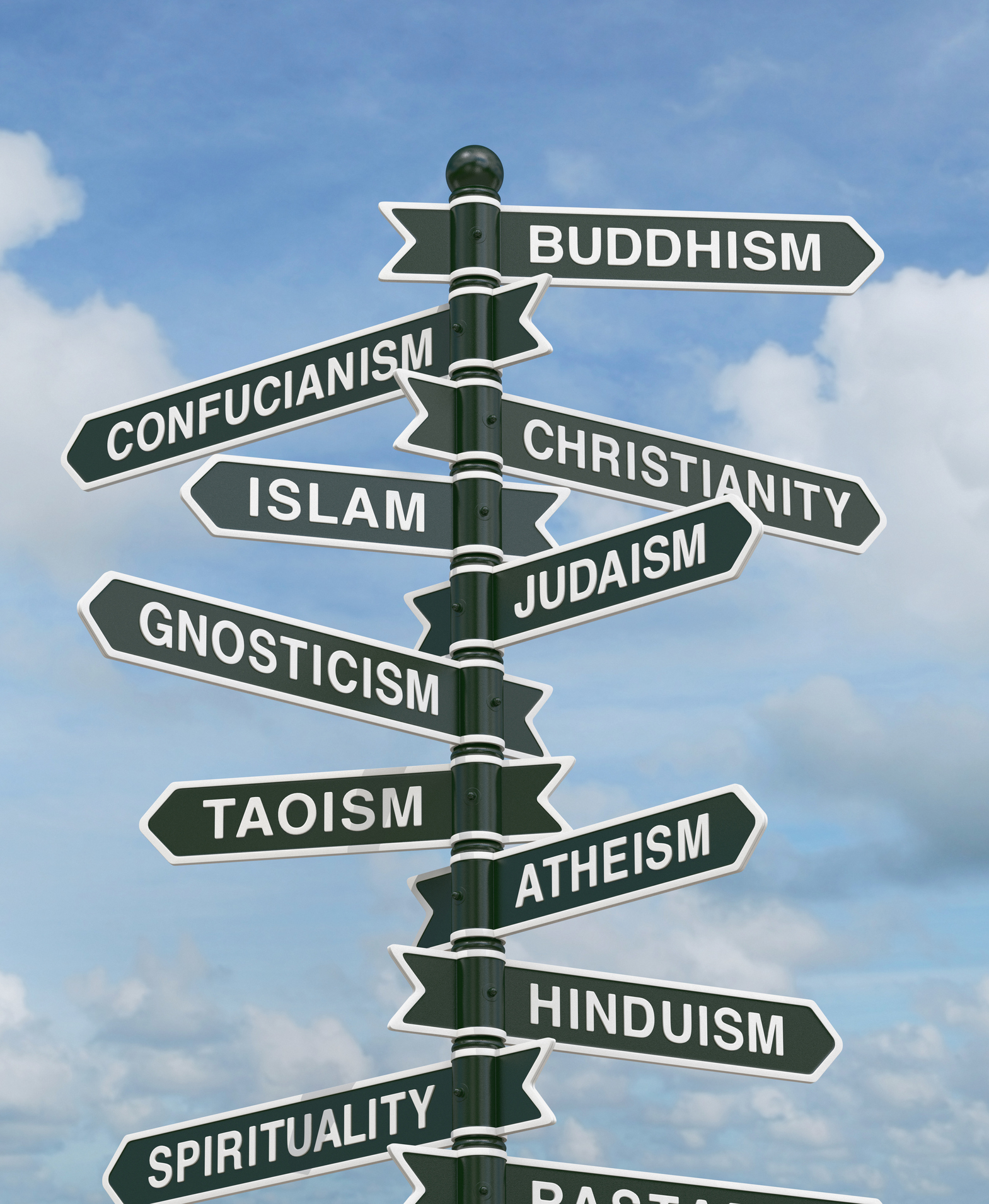 Directional signs pointing to various religions