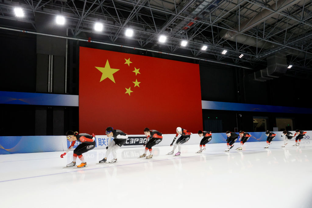 Speed skaters attend a training session for the upcoming Beijing 2022 Winter Olympics on December 3, 2021 in Beijing, China. (Han Haidan—China News Service/Getty Images)