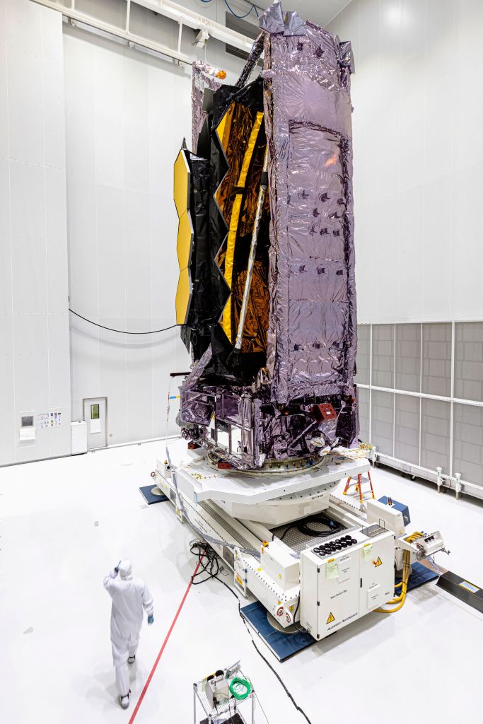The James Webb Space Telescope stands in the S5 Payload Preparation Facility (EPCU-S5) at The Guiana Space Centre, Kourou, French Guiana on Nov. 5, 2021.