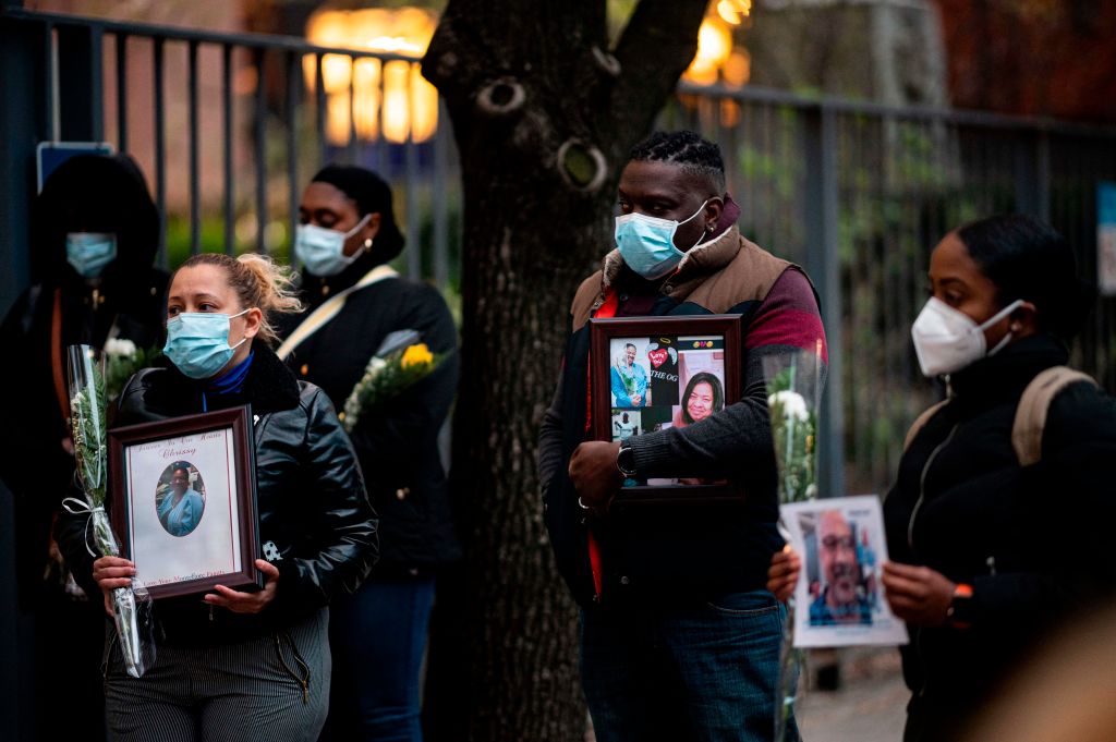 Nurses and healthcare workers mourn and remember their colleagues who died during the outbreak of the novel coronavirus (which causes COVID-19) during a demonstration outside Mount Sinai Hospital in Manhattan on April 10, 2020 in New York City. (Johannes EISELE / AFP)