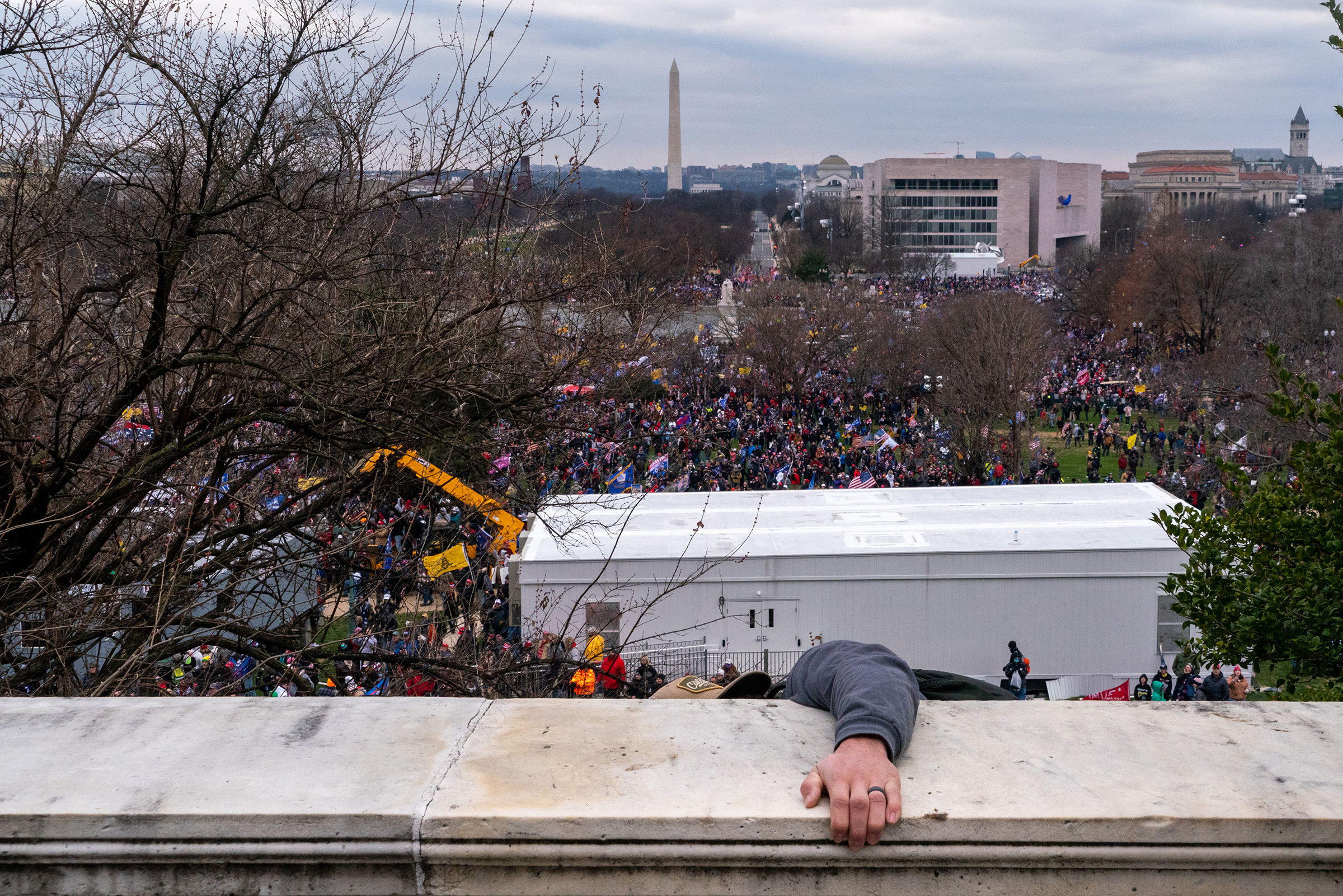 A pro-Trump rioter climbs the walls of the <a href=
