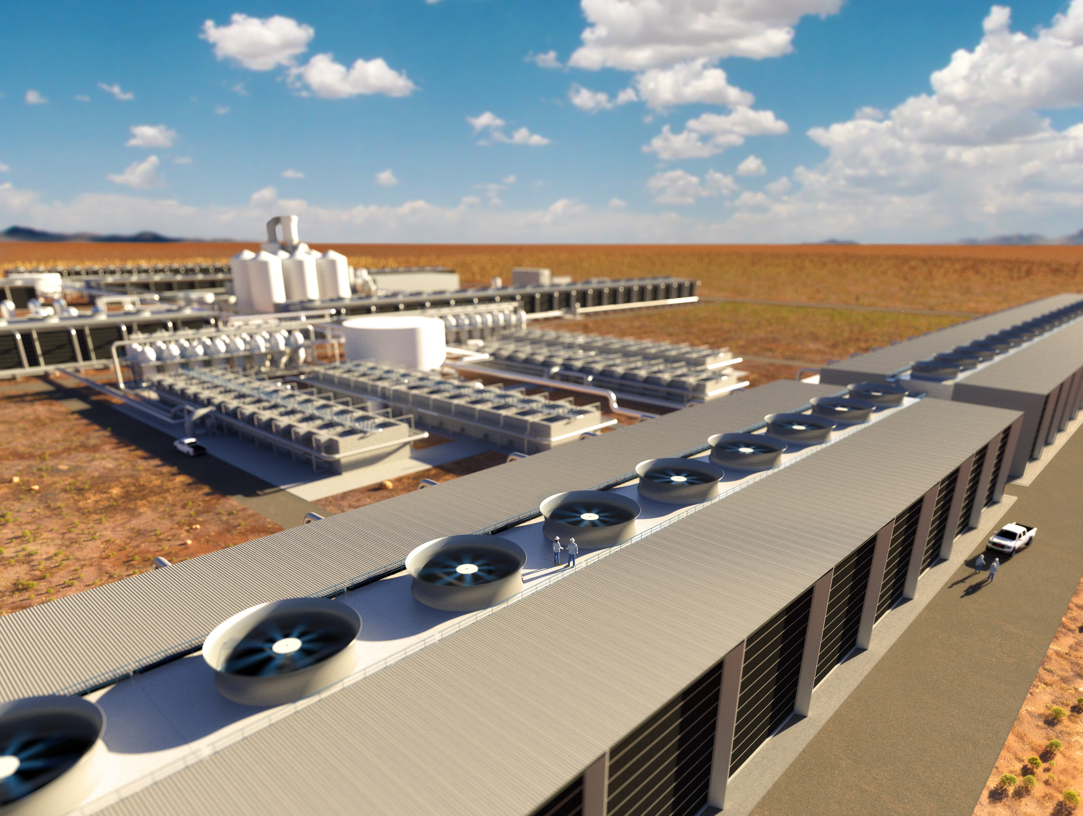 An artist rendering of Carbon Engineering's planned direct-air capture plant in Texas, scheduled to begin operating in 2024. (Courtesy of Carbon Engineering Ltd.)