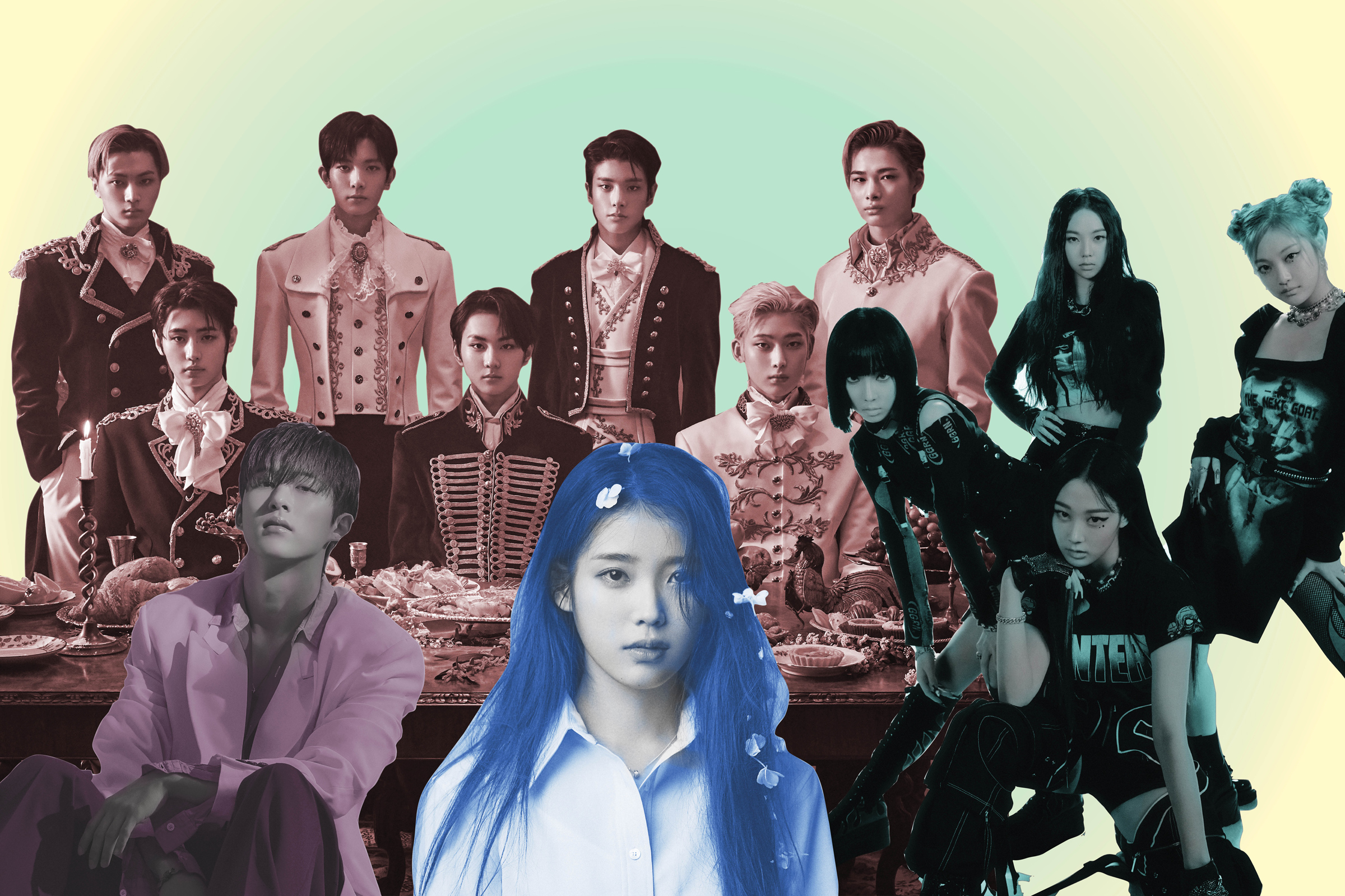 Clockwise from top: ENHYPEN, aespa, IU, B.I (BELIFT LAB; 131LABEL; EDAM Entertainment; SM Entertainment)