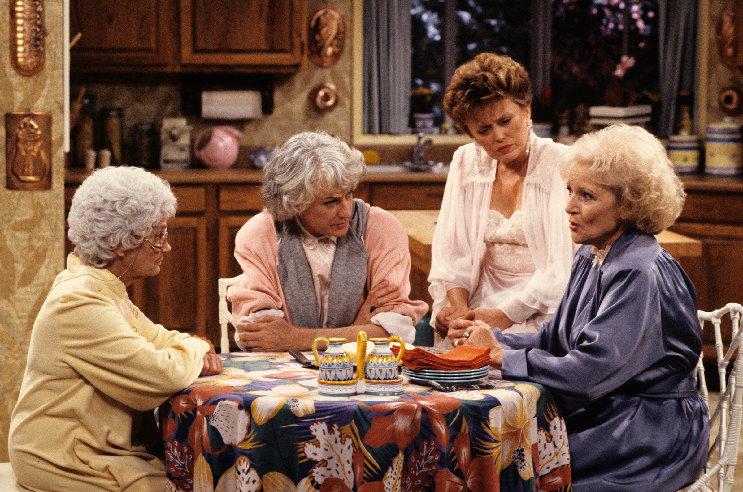From left, Estelle Getty as Sophia Petrillo, Bea Arthur as Dorothy Petrillo Zbornak, Rue McClanahan as Blanche Devereaux and Betty White as Rose Nylund on The Golden Girls.