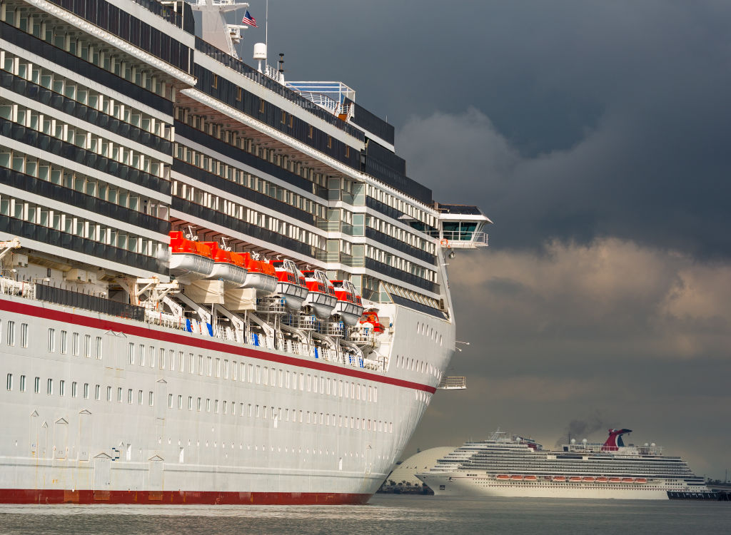 The Carnival Corp. Miracle and Panorama cruise ships sit anchored at the Port of Long Beach in Long Beach, California, on April 13, 2020. (Tim Rue—Bloomberg/Getty Images)