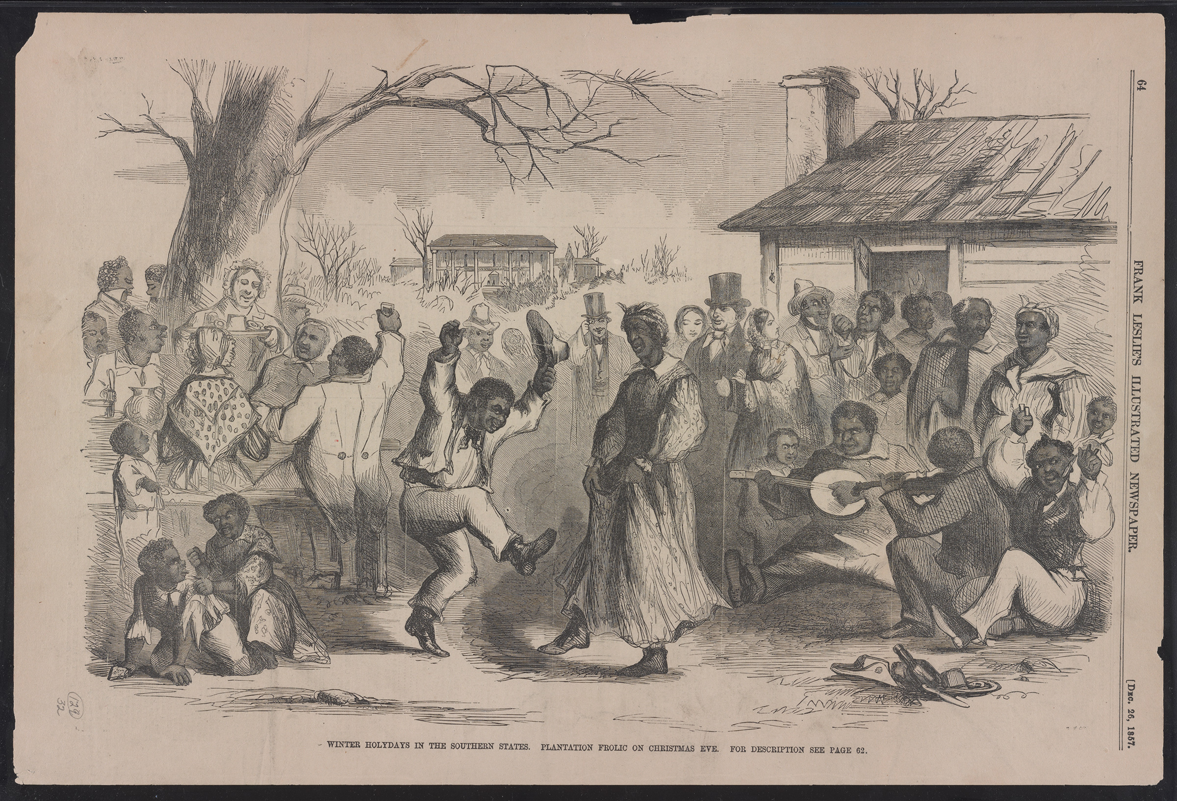 An 1857 illustration of winter holidays in the southern states entitled "Plantation Frolic on Christmas Eve." (Library of Congress)