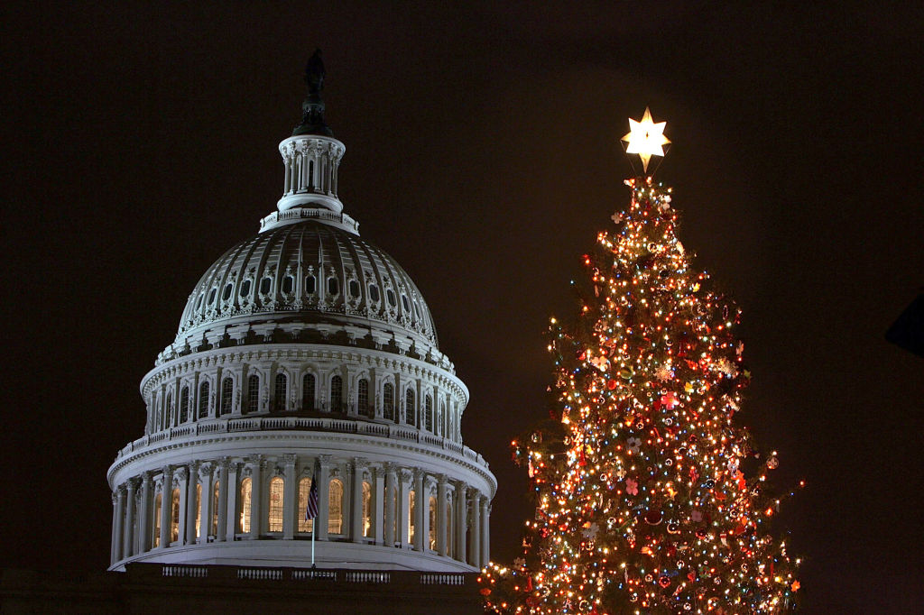 A holiday tree is shown lit in front of the U.S. Capitol building December 9, 2004 in Washington, DC. ((Photo by Joe Raedle/Getty Images))