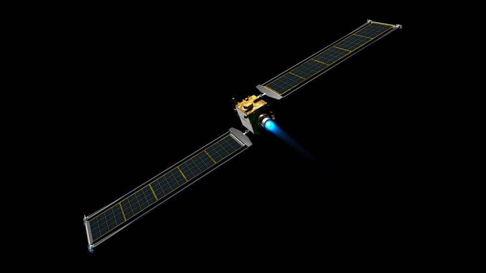 Illustration of the DART spacecraft with the Roll Out Solar Arrays (ROSA) extended.