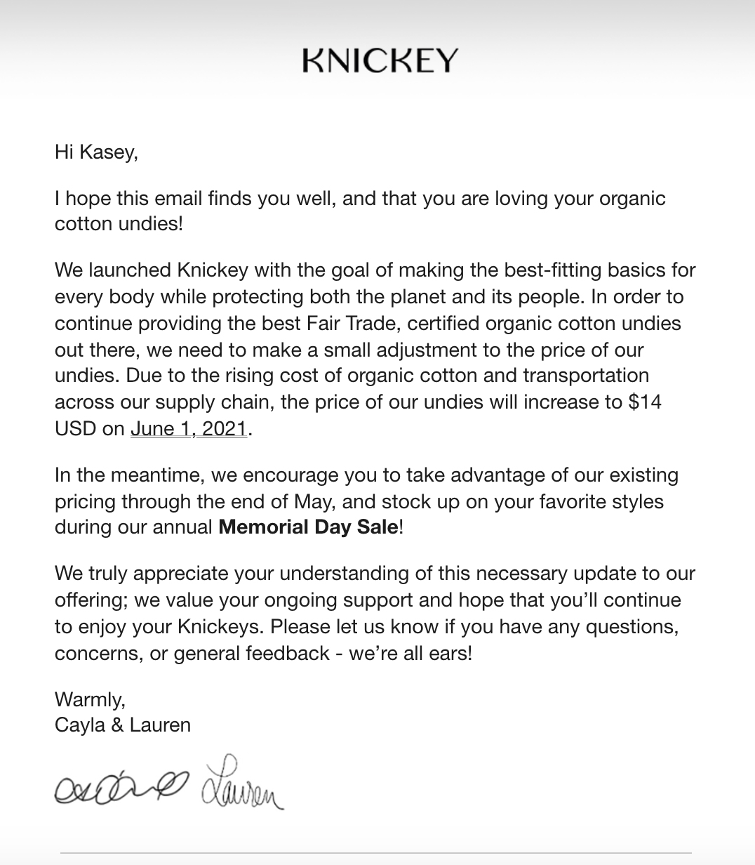 Knickey's letter to customers.
