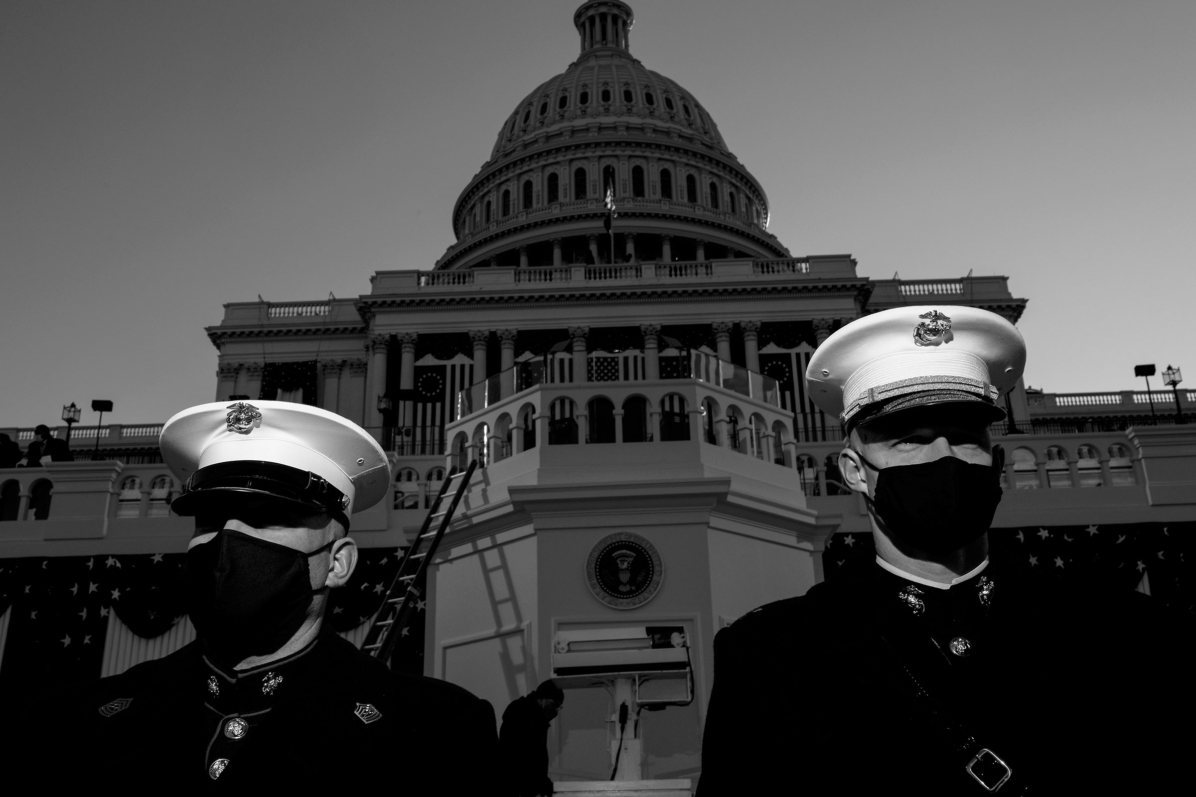 Service members stand guard at the Capitol ahead of the <a href="https://time.com/5930876/joe-biden-inauguration-photos/">inauguration</a> of President-elect Joe Biden and Vice President-elect Kamala Harris on Jan. 20. (Philip Montgomery for TIME)