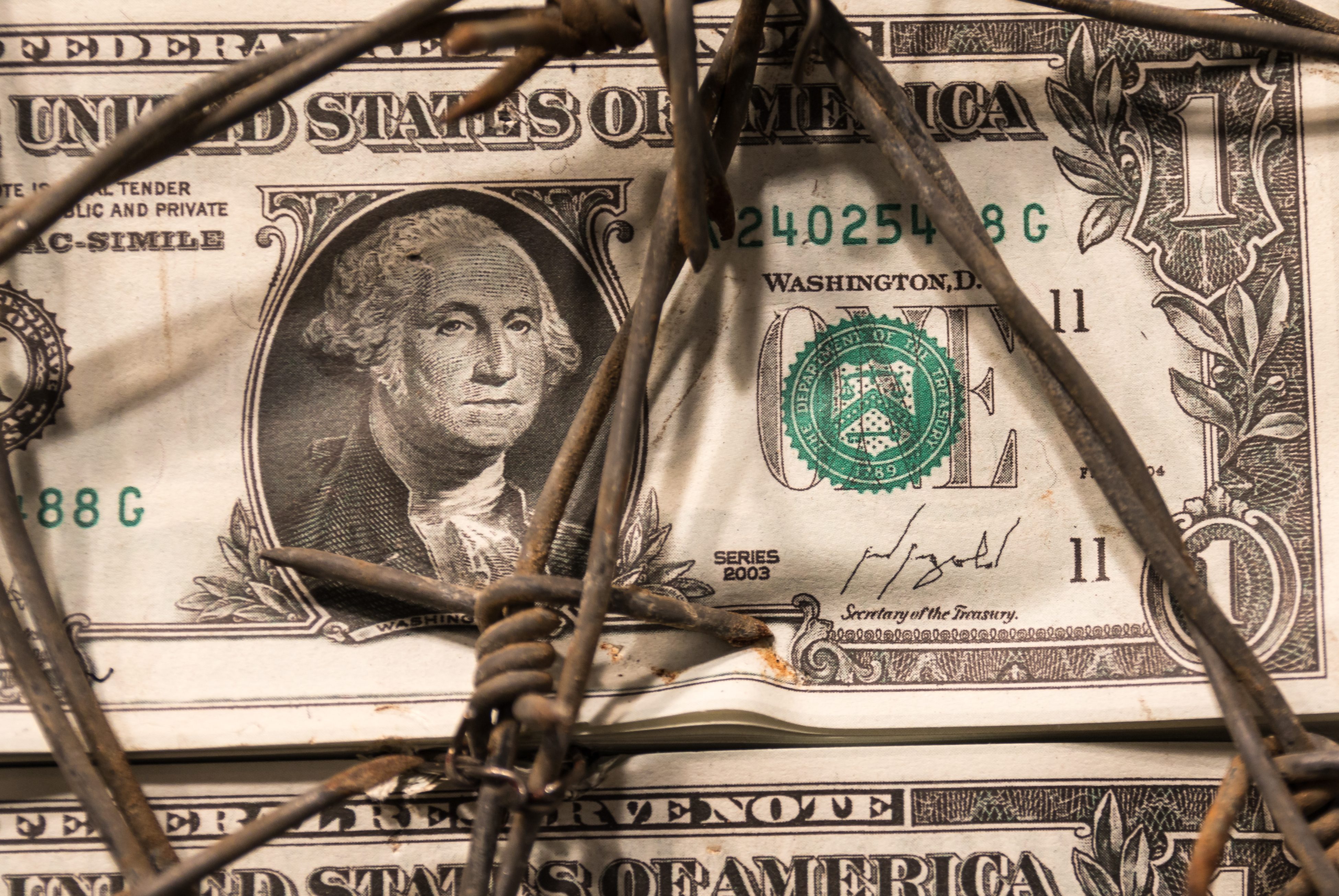 Closeup of Dollar Banknote with Barbed Wire
