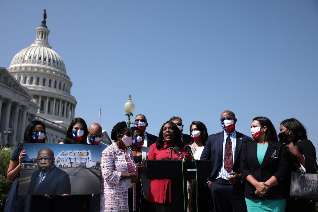 WASHINGTON, DC - AUGUST 24: Rep. Terri Sewell (D-AL) speaks at a press event with Rep. Sheila Jackson-Lee (D-AL) and Texas House Democratic lawmakers outside of the U.S. Capitol on Aug. 24, 2021 in Washington, D.C., before the House of Representatives voted on the John Lewis Voting Rights Advancement Act. (Anna Moneymaker—Getty Images)
