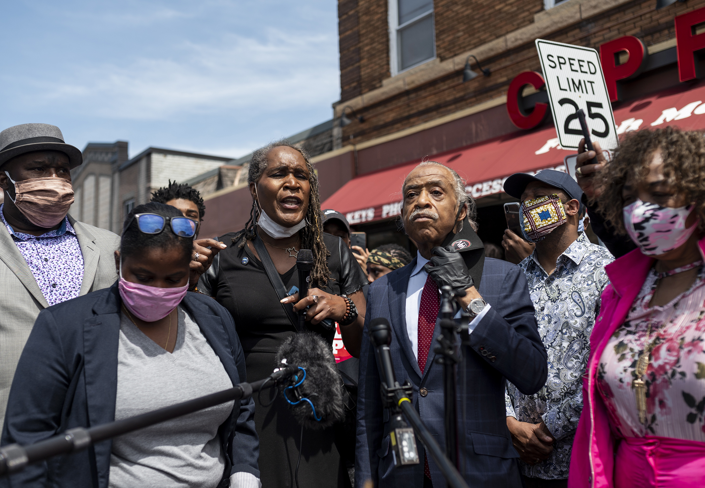 Andrea Jenkins, Minneapolis City Council's then-Vice President, speaks to a group gathered on May 28, 2020, outside the Cup Foods where George Floyd was killed in Minneapolis. Jenkins joined Rev. Al Sharpton and Gwen Carr, the mother of Eric Garner, and spoke about the need to hold police officers accountable for their actions. (Stephen Maturen—Getty Images)