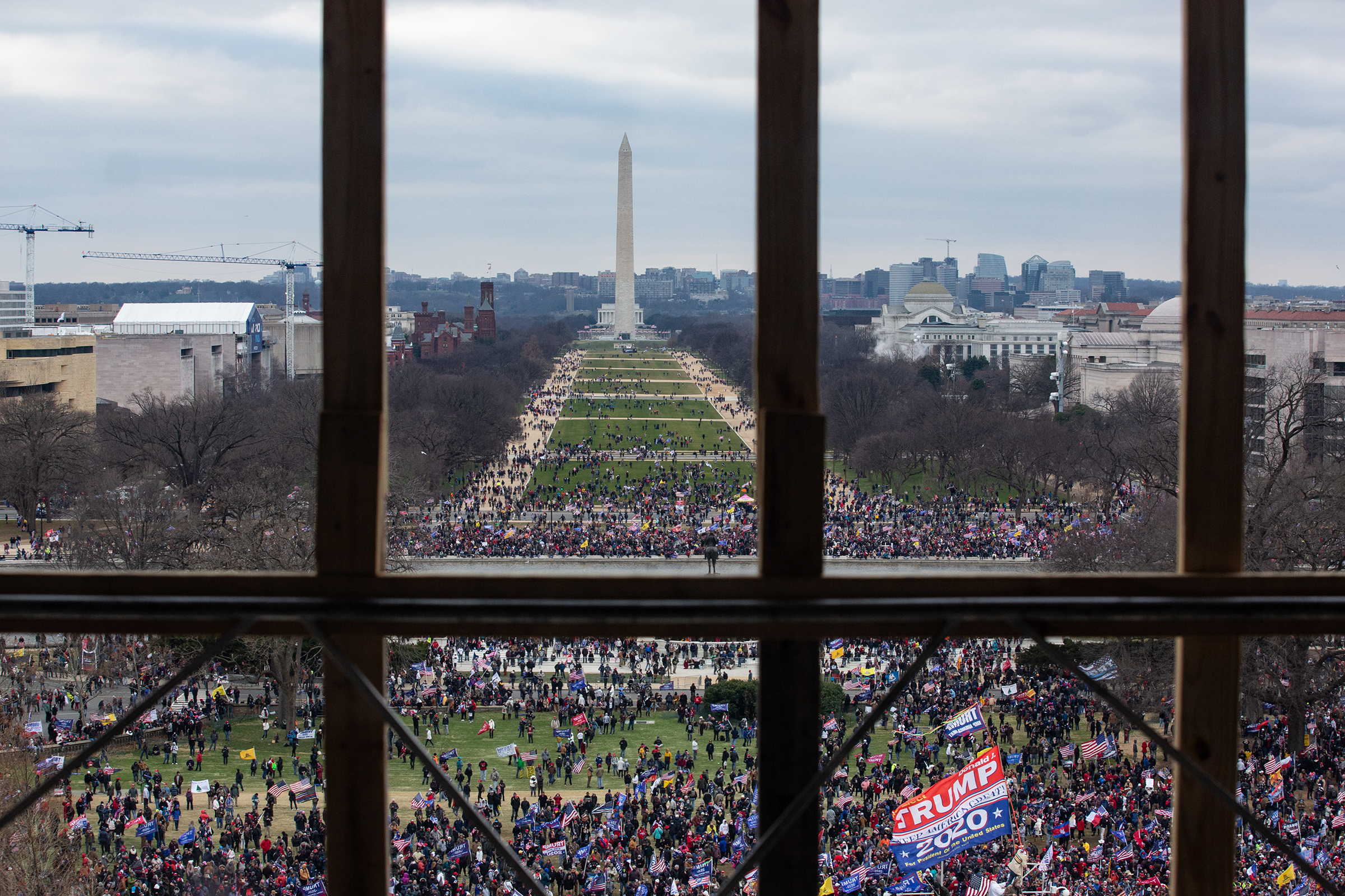 A crowd of Trump supporters gather outside as seen from inside the U.S. Capitol on January 6, 2021 in Washington, DC. (Cheriss May—Getty Images)