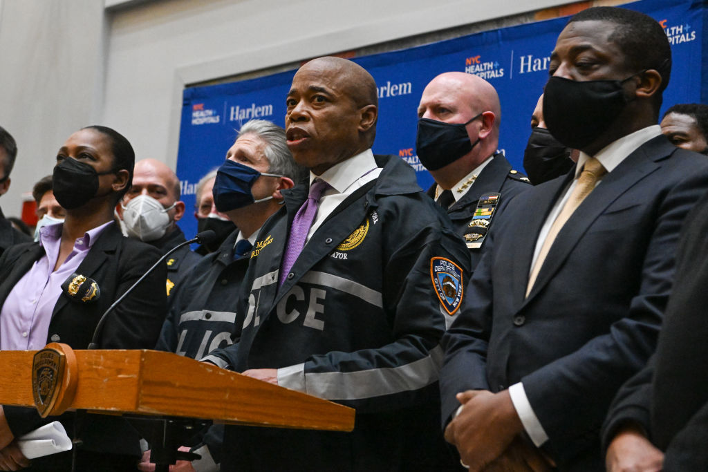 NEW YORK, NEW YORK - JANUARY 21: New York City Mayor Eric Adams speaks to members of the media at Harlem Hospital on Jan. 21, 2022 in New York City. On Jan. 24, the mayor released a detailed blueprint to end gun violence in his city. (Alexi Rosenfeld—Getty)