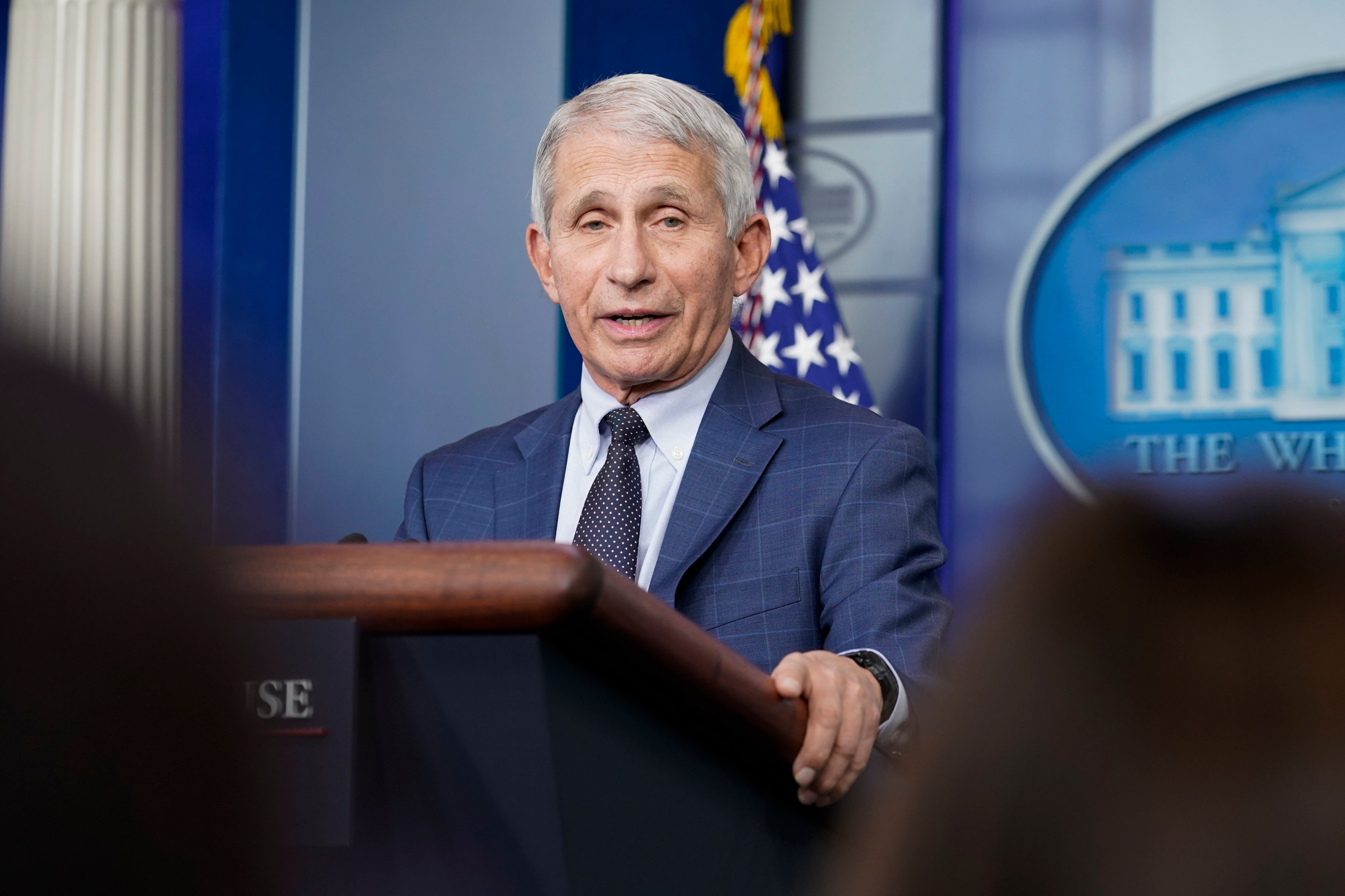 Dr. Anthony Fauci, director of the National Institute of Allergy and Infectious Diseases, speaks during the daily briefing at the White House in Washington on, Dec. 1, 2021. (Susan Walsh—AP)