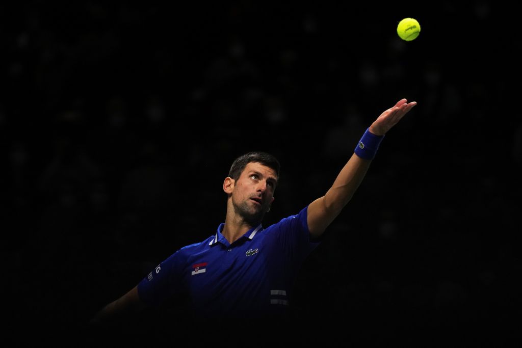 Novak Djokovic of Serbia competes against Marin Cilic of Croatia during the 2021 Davis Cup Finals semifinal between Croatia and Serbia in Madrid, Spain, Dec. 3, 2021. (Meng Dingbo/Xinhua via Getty Images)