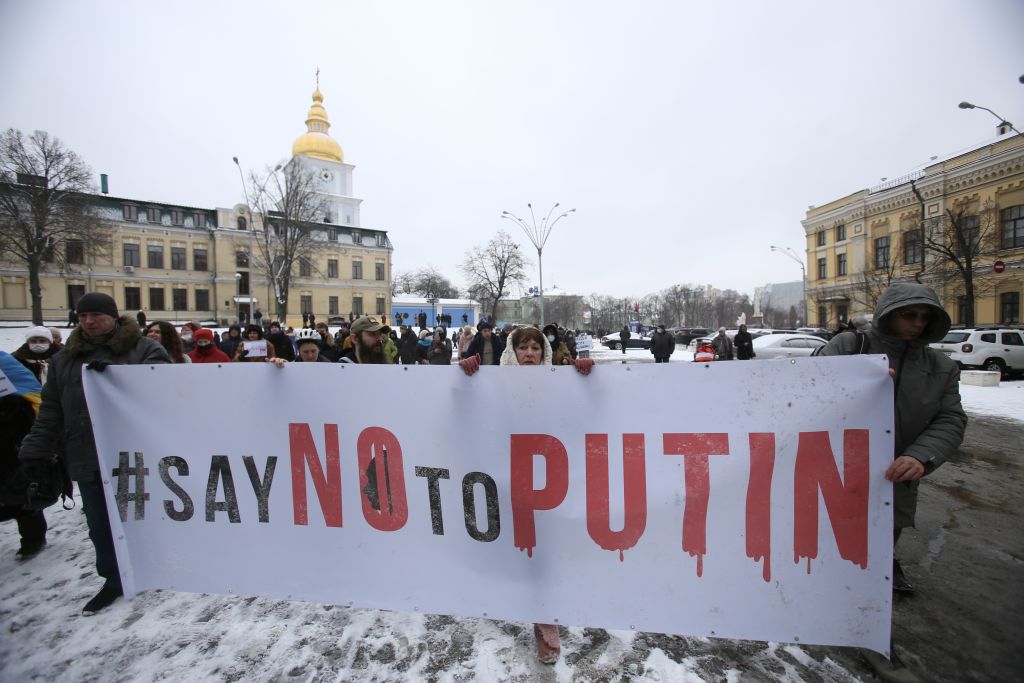 A rally "Say no to Putin" is held in Kiev, Ukraine on January 9, 2021. Ukrainian nationalists are displeased with the interference of Russian President Vladimir Putin in the internal affairs of Kazakhstan. Russia sent about 3,000 troops to Kazakhstan to quell protests. (Anadolu Agency-Getty Images)