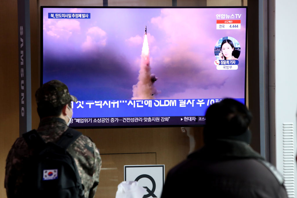 People watch a TV at Seoul Railway Station showing a file image of a North Korean missile launch, on January 05, 2022 in Seoul, South Korea. (Chung Sung-Jun/Getty Images)
