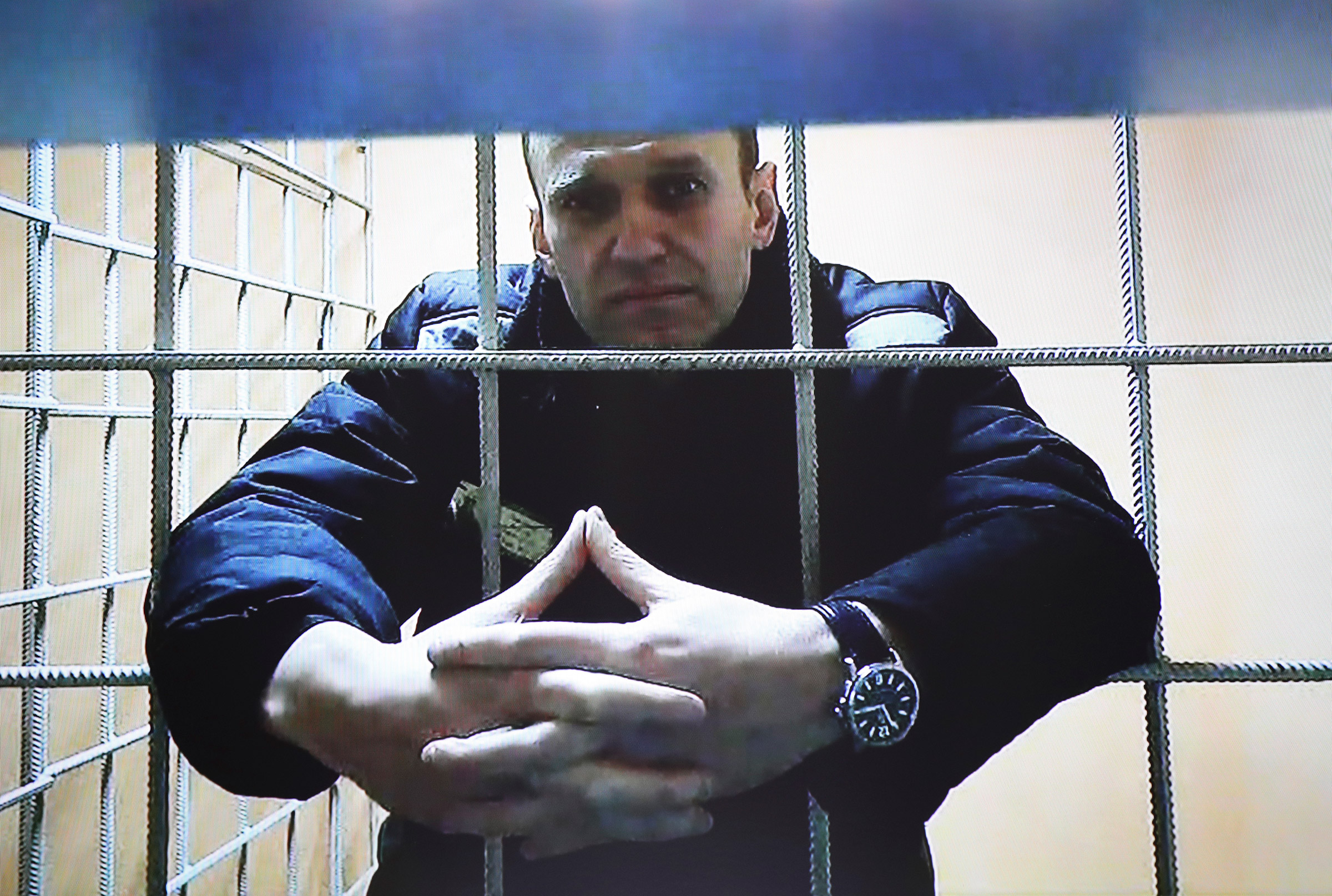 Navalny takes part in a court session from prison on Dec. 28. Russia has designated his foundation an extremist group (Evgeny Feldman—Meduza/AP)