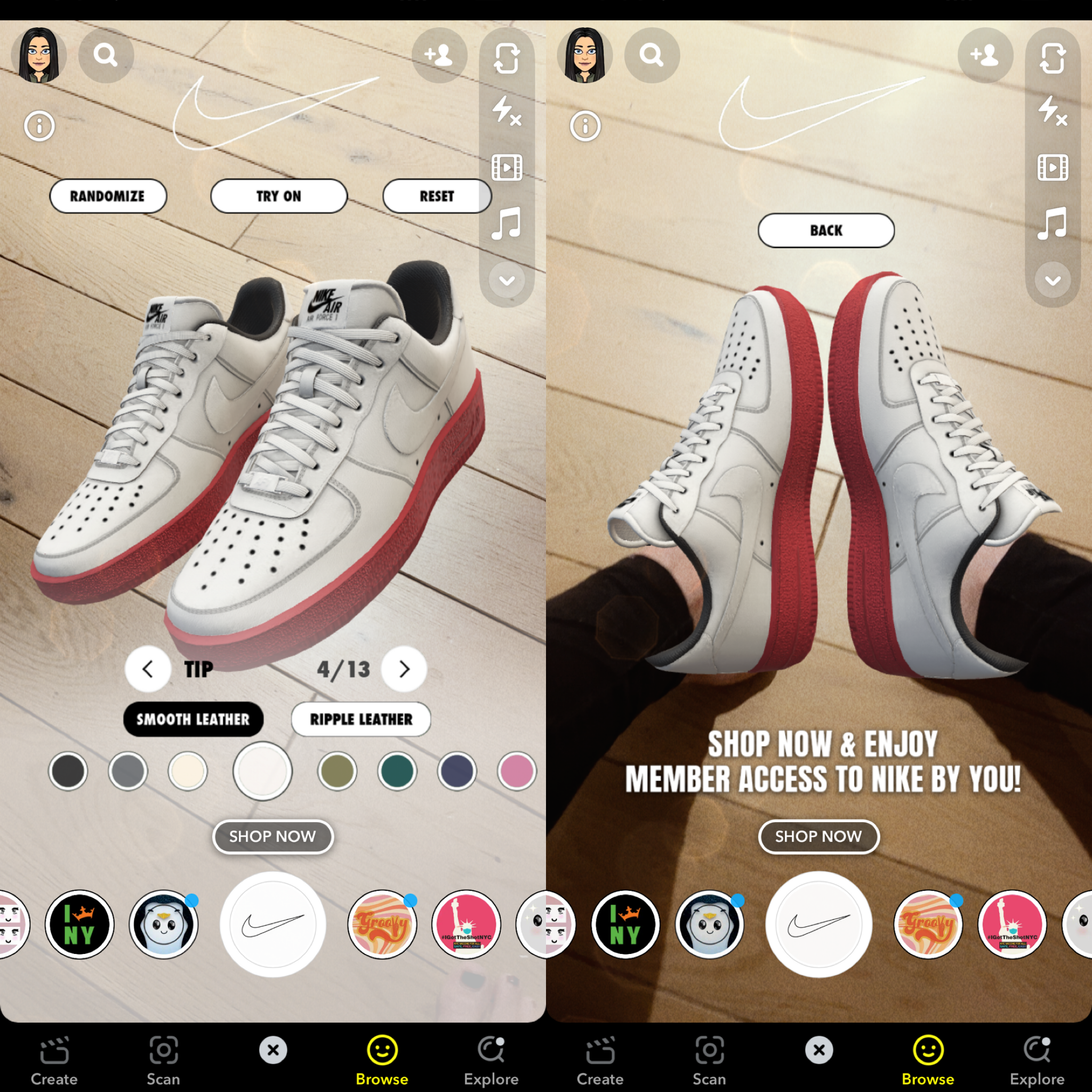 Screenshots of Nike's AR shopping lens on Snapchat (Snapchat)