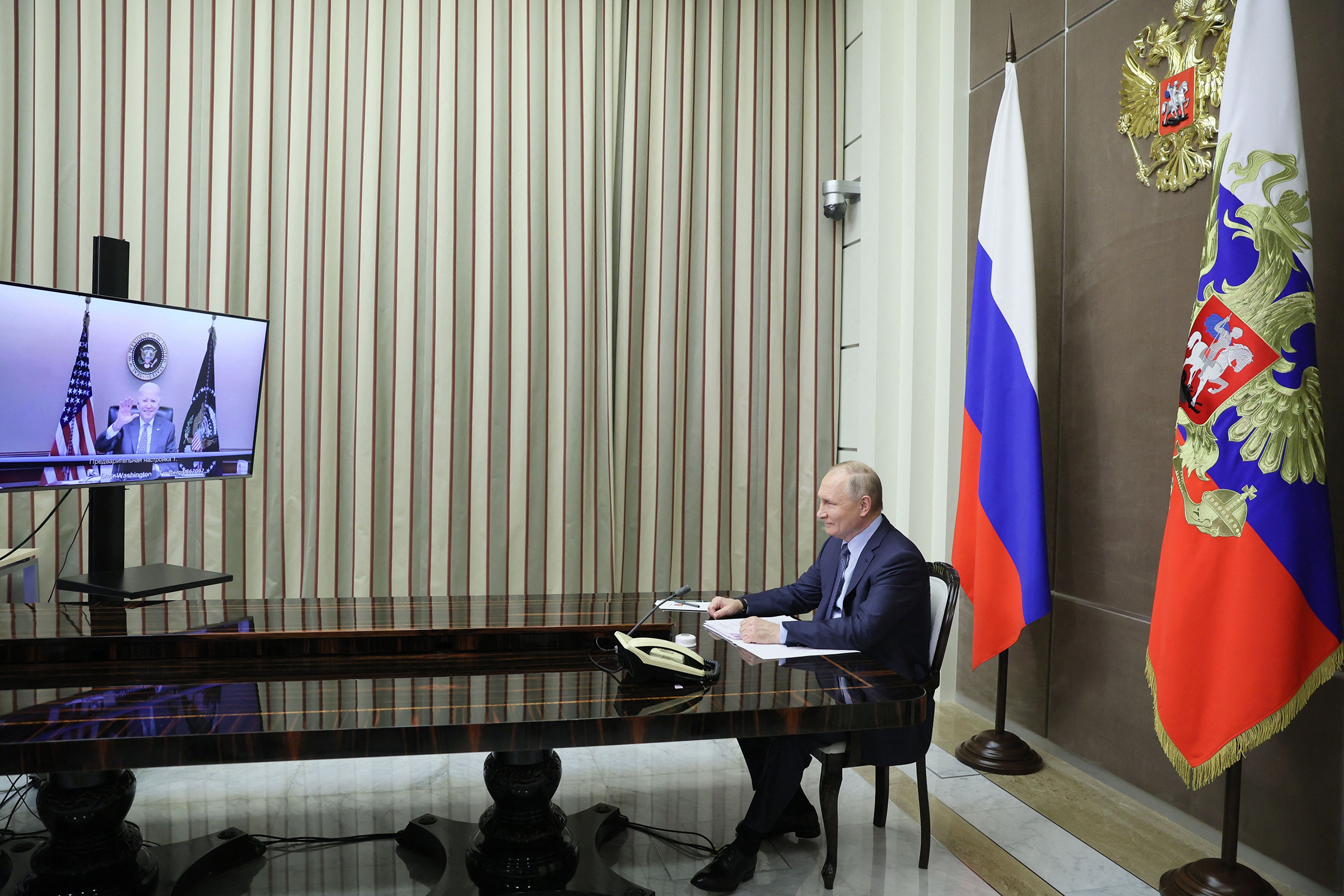 Russian President Vladimir Putin attends a meeting with US President Joe Biden via a video call in the Black Sea resort of Sochi on December 7, 2021. (Mikhail Metzel—SPUTNIK/AFP/Getty Images)