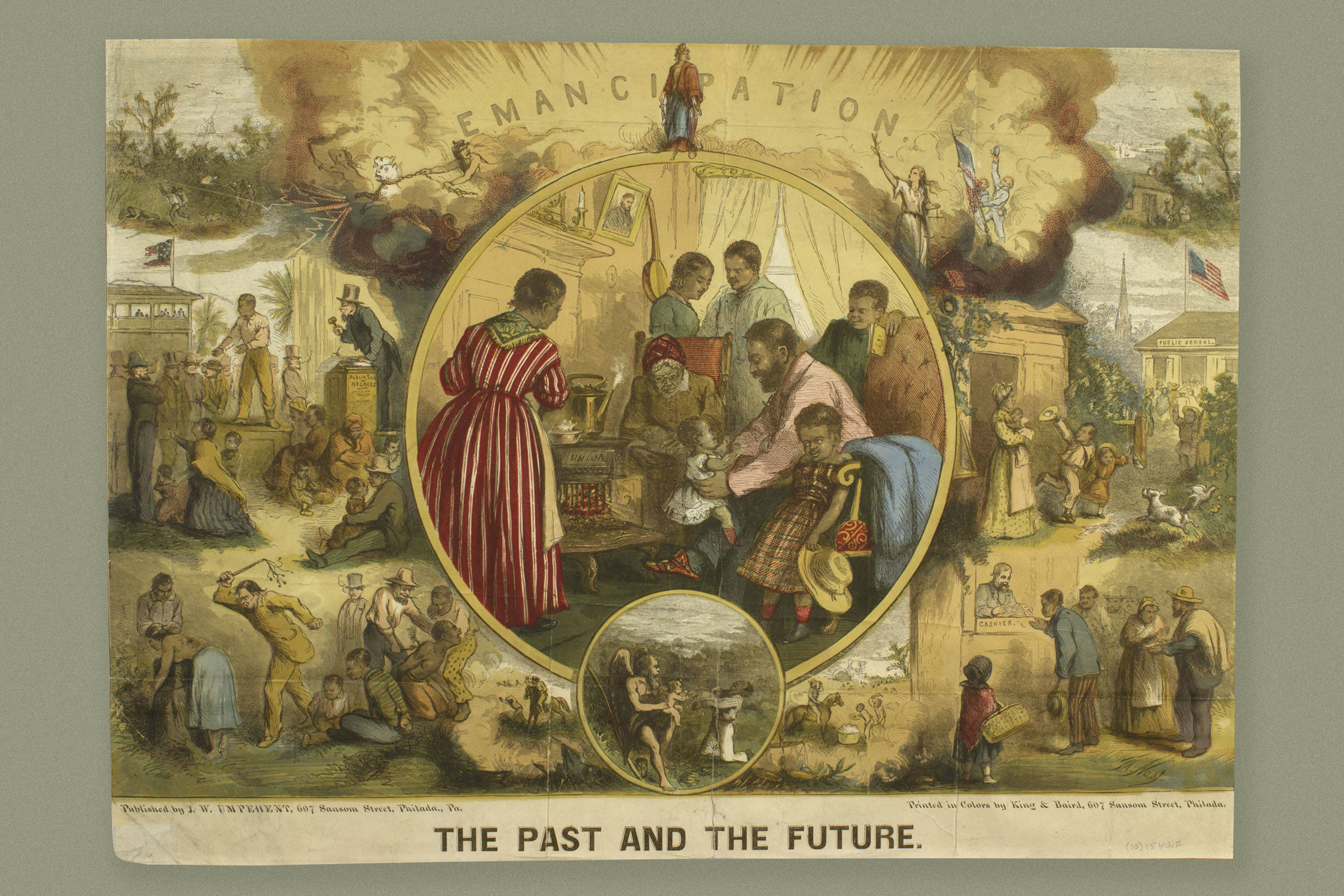 Emancipation print from 1863 depicting a series of scenes contrasting African American life before and after slavery. (Library Company of Philadelphia)