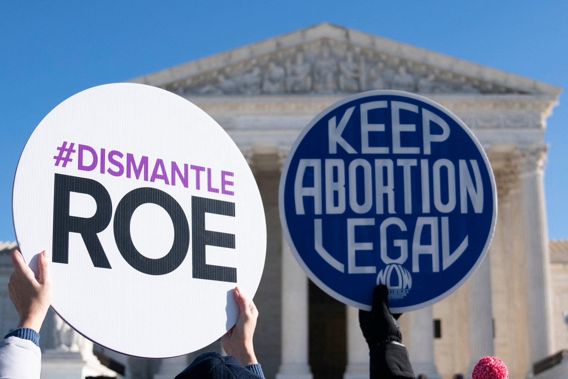 Anti-abortion activists counter-demonstrate as abortion rights activists participate in a "flash-mob" demonstration outside of the U.S. Supreme Court on Jan. 22, 2022 in Washington, D.C.