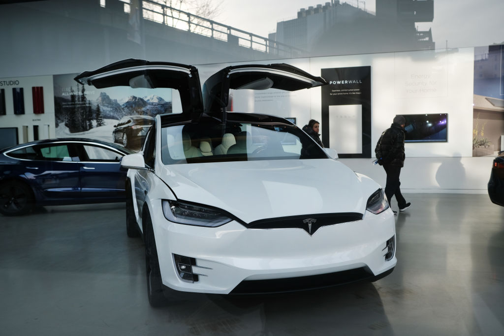 A Tesla vehicle is displayed in a Manhattan dealership  in New York City, New York, on January 30, 2021. (Spencer Platt—Getty Images)