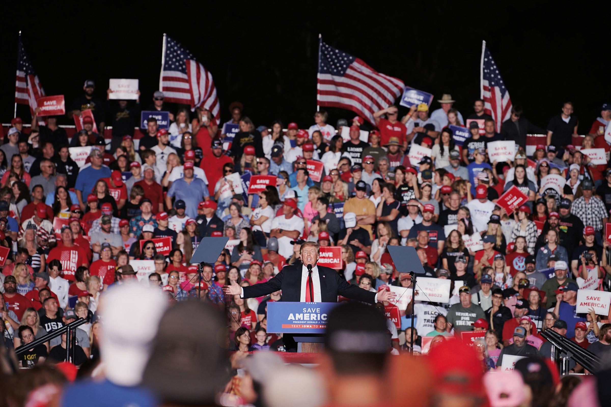Former U.S. President Donald Trump speaks during a Save America rally at the Iowa State Fairgrounds in Des Moines, Iowa, U.S., on Saturday, Oct. 9, 2021. Trump has been hinting about another presidential bid, even as he has tried to steer clear of activities that would trigger federal election laws that would require him to register as a candidate -- and limit spending. (Dan Brouillette—Bloomberg/Getty Images)