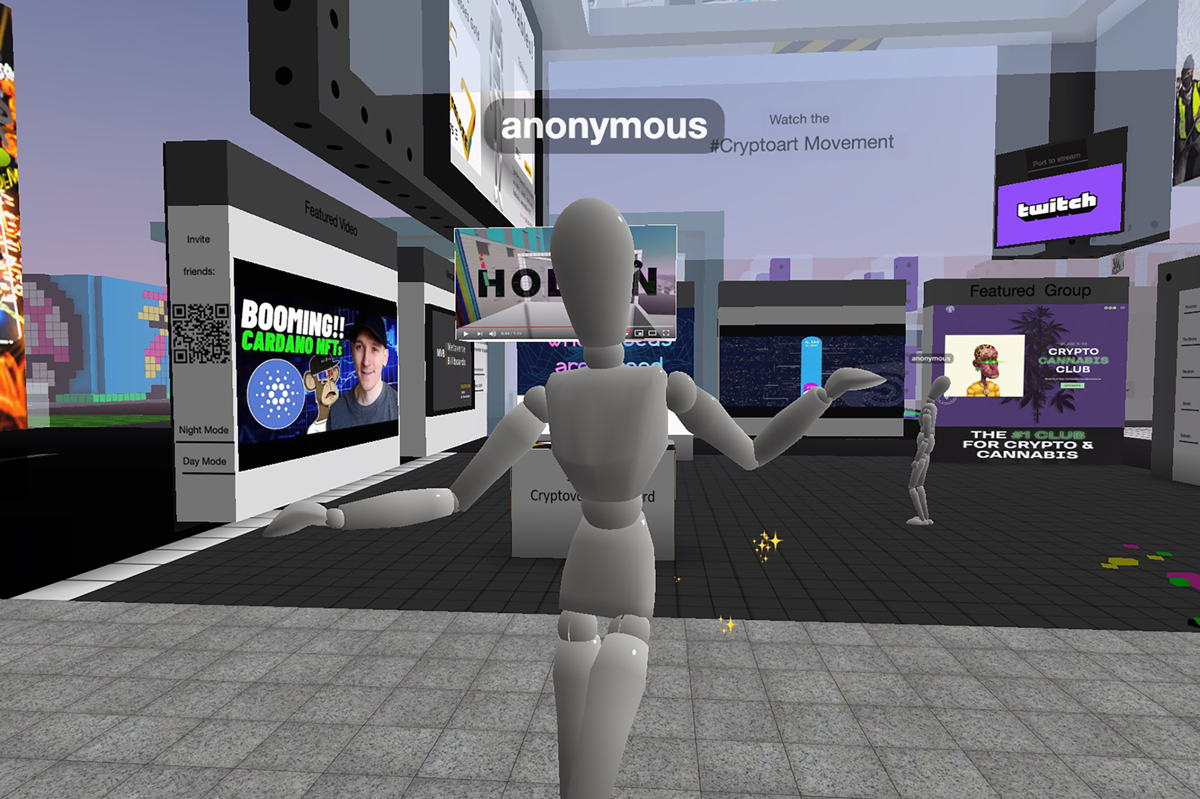 A view of branded real estate in the virtual world of Cryptovoxels. (Cryptovoxels)