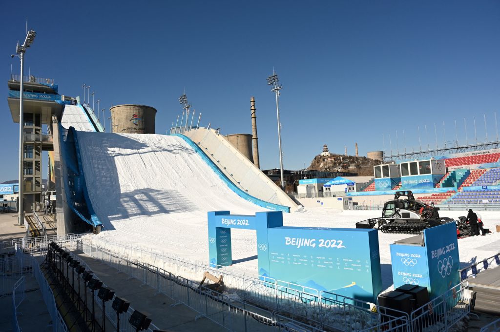 This general view shows the Olympics freestyle skiing and snowboard complex during a media technical visit at the Big Air Shougang on Jan. 13, 2022, ahead of the Beijing Winter Olympic Games starting on Feb. 4. (François-Xavier Marit—AFP/Getty Images)