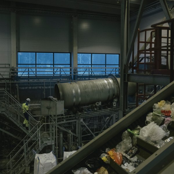A scene at Fortum Waste Solutions Oy's circular economy facility in Häme, Finland on Dec. 14. In the facility, waste material collected from regular households is converted to clean plastic through Fortum’s Eco Refinery—an automated sorting plant