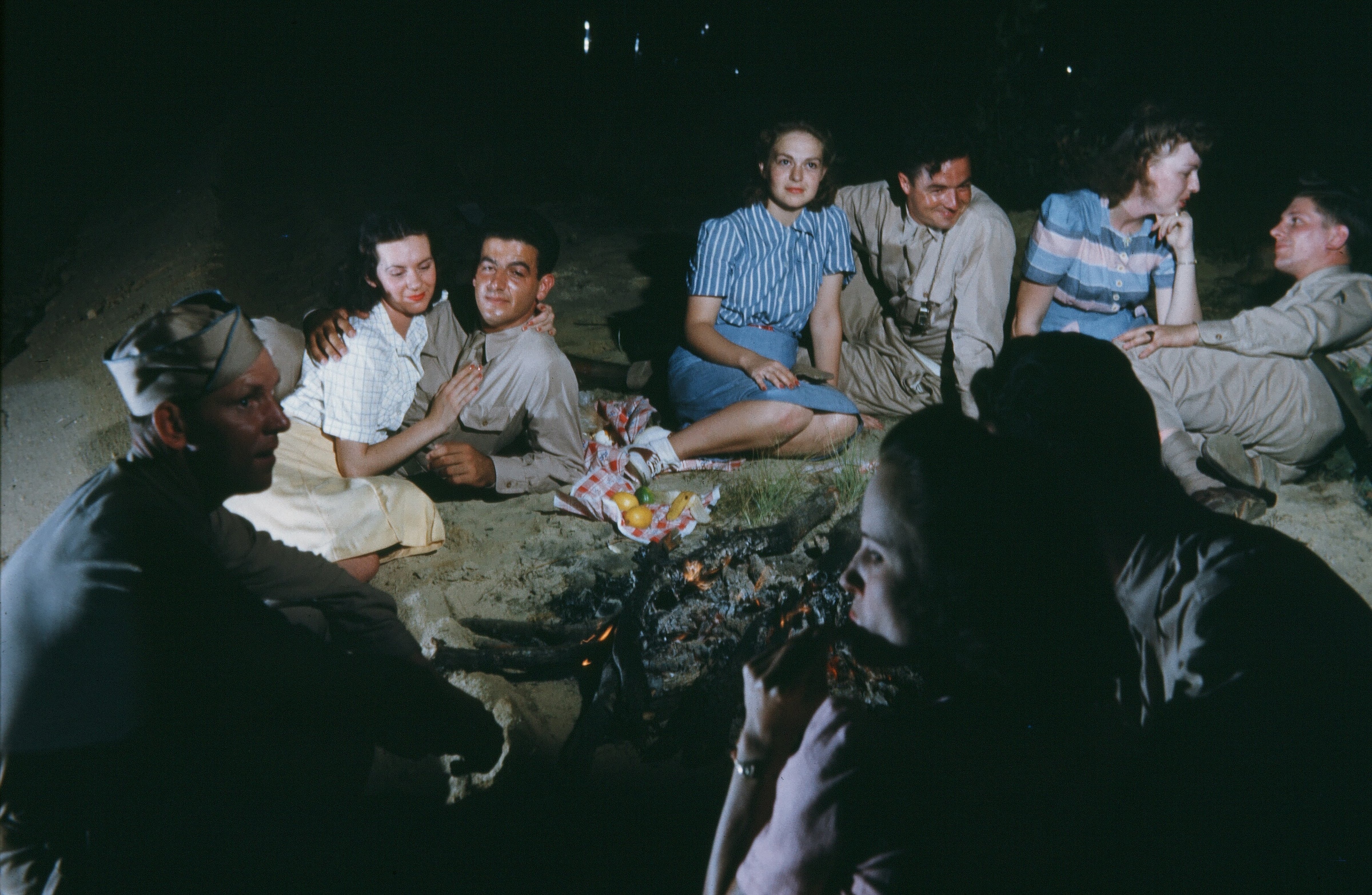 A view of off-duty soldiers socializing at bonfire in Fayetteville, North Carolina in 1942. (Michael Ochs Archives—Getty Images)