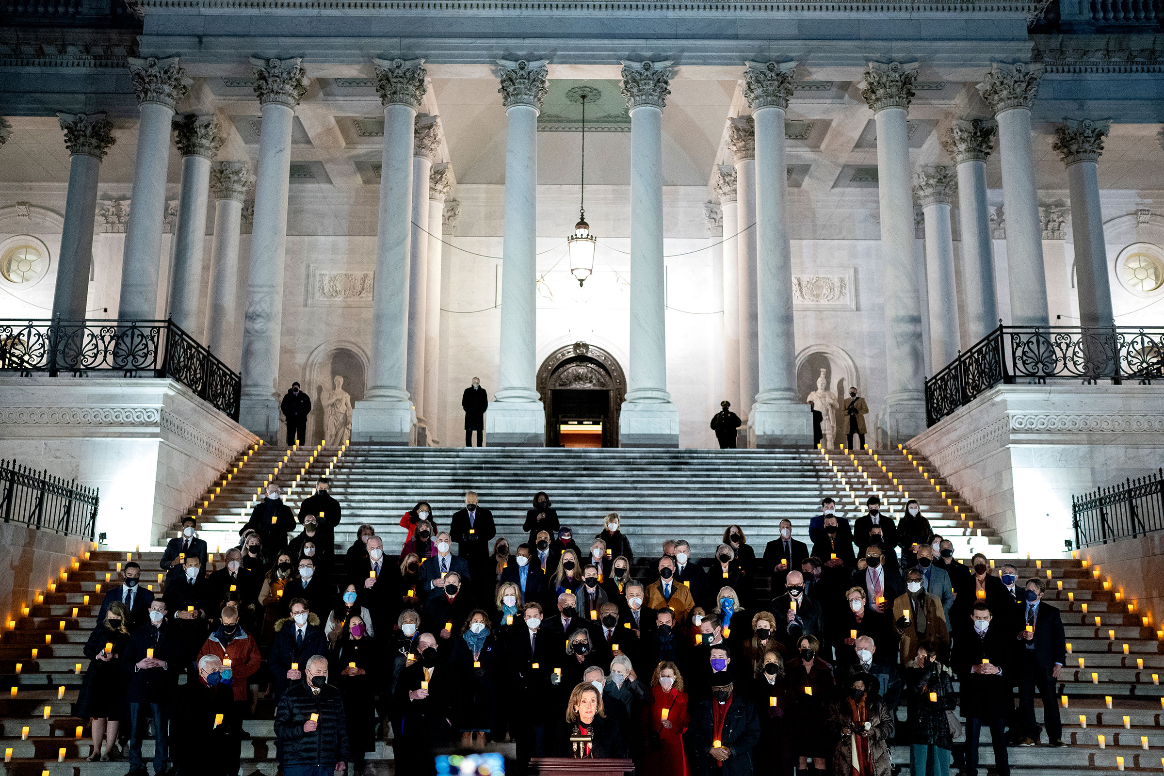 House Speaker Nancy Pelosi speaks during a prayer vigil on the first anniversary of the deadly insurrection at the Capitol in Washington, on Jan. 6, 2022. (Stefani Reynolds—Bloomberg/Getty Images)