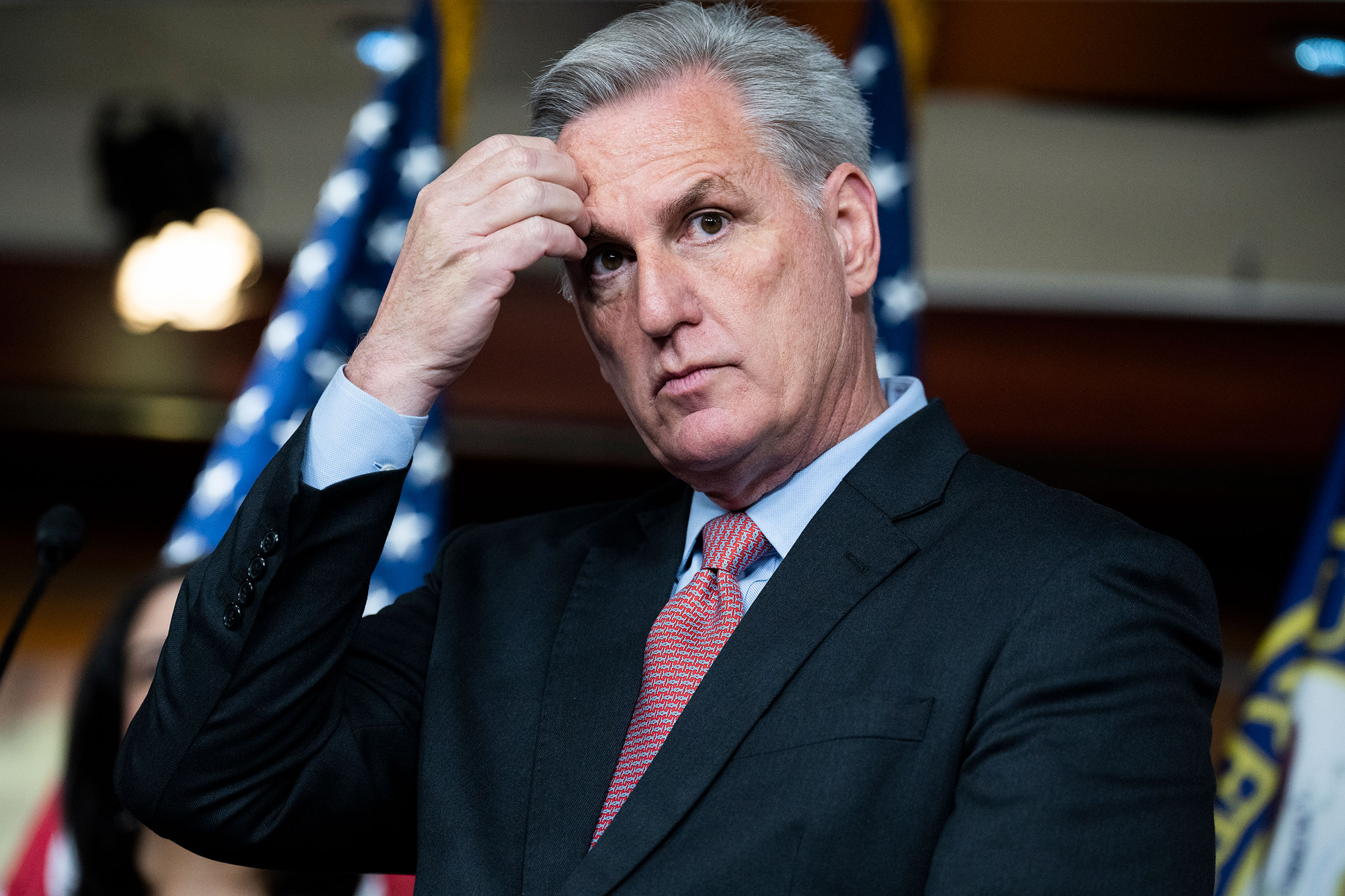 House Minority Leader Kevin McCarthy conducts a news conference with members of the House Republican Conference in Washington on Jan. 20, 2022. (Tom Williams—CQ Roll Call/AP)