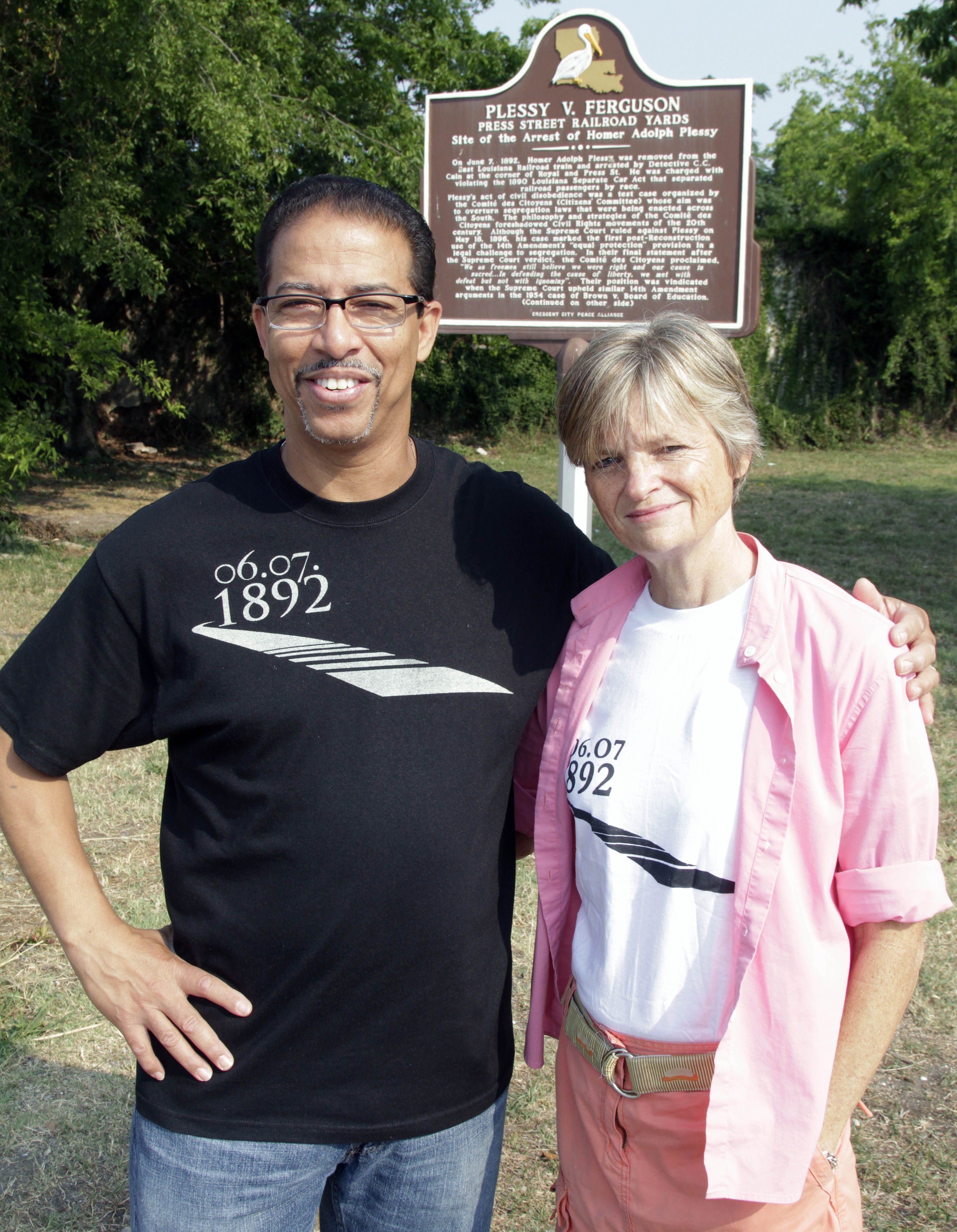 Keith Plessy and Phoebe Ferguson, descendants of the principals in the Plessy v. Ferguson court case, pose for a photograph in front of a historical marker in New Orleans on June 7, 2011. (Bill Haber—AP)