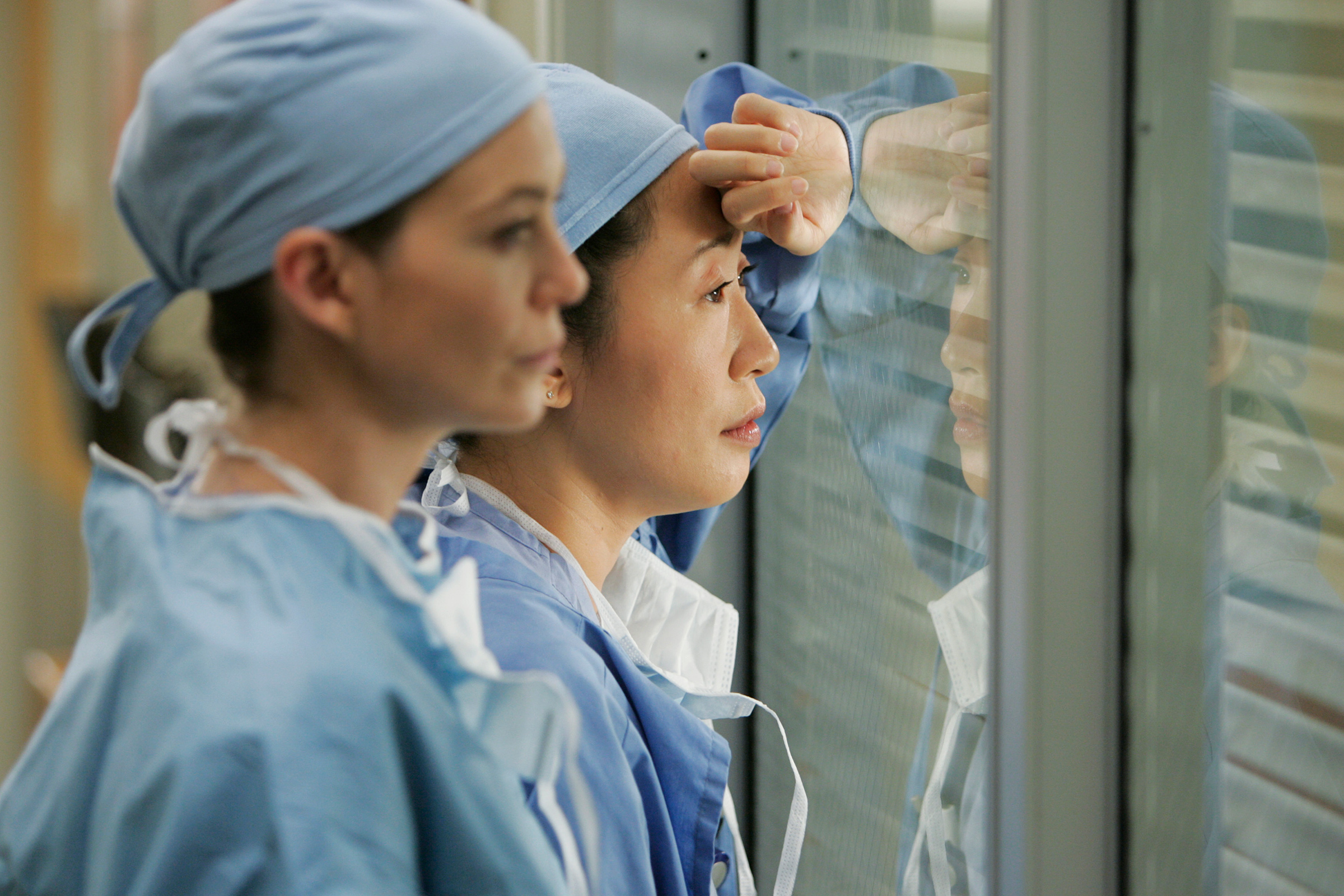 Ellen Pompeo, left, as Meredith Grey and Sandra Oh as Cristina Yang in <i>Grey's Anatomy</i>. (Peter Stone—Disney General Entertainment Content/Getty Images)