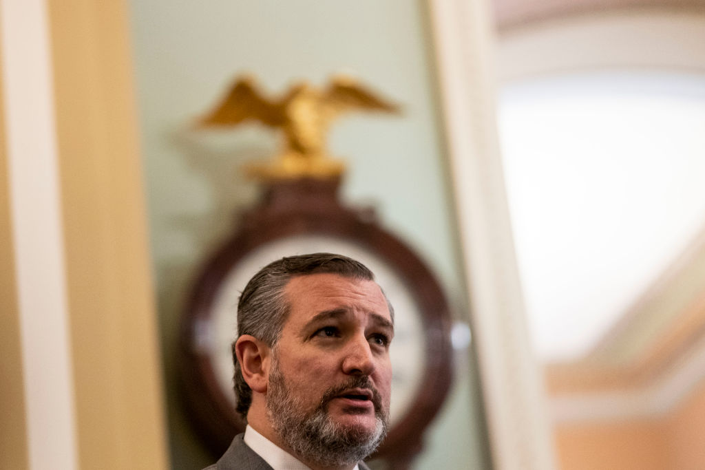 Sen. Ted Cruz (R-TX) speaks with reporters at the U.S. Capitol Building on Wednesday, Jan. 12, 2022 in Washington, DC. (Kent Nishimura—Los Angeles Times/Getty Images)
