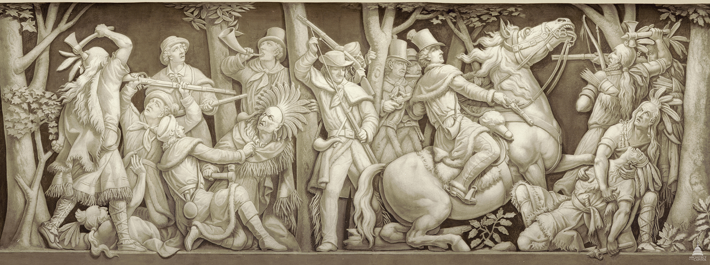 The frieze shows the 1813 death of the Shawnee chief Tecumseh, who formed intertribal coalitions to fight the settlers. Tecumseh is shown crumpled to the ground below Richard Mentor Johnson. (Architect of the Capitol)