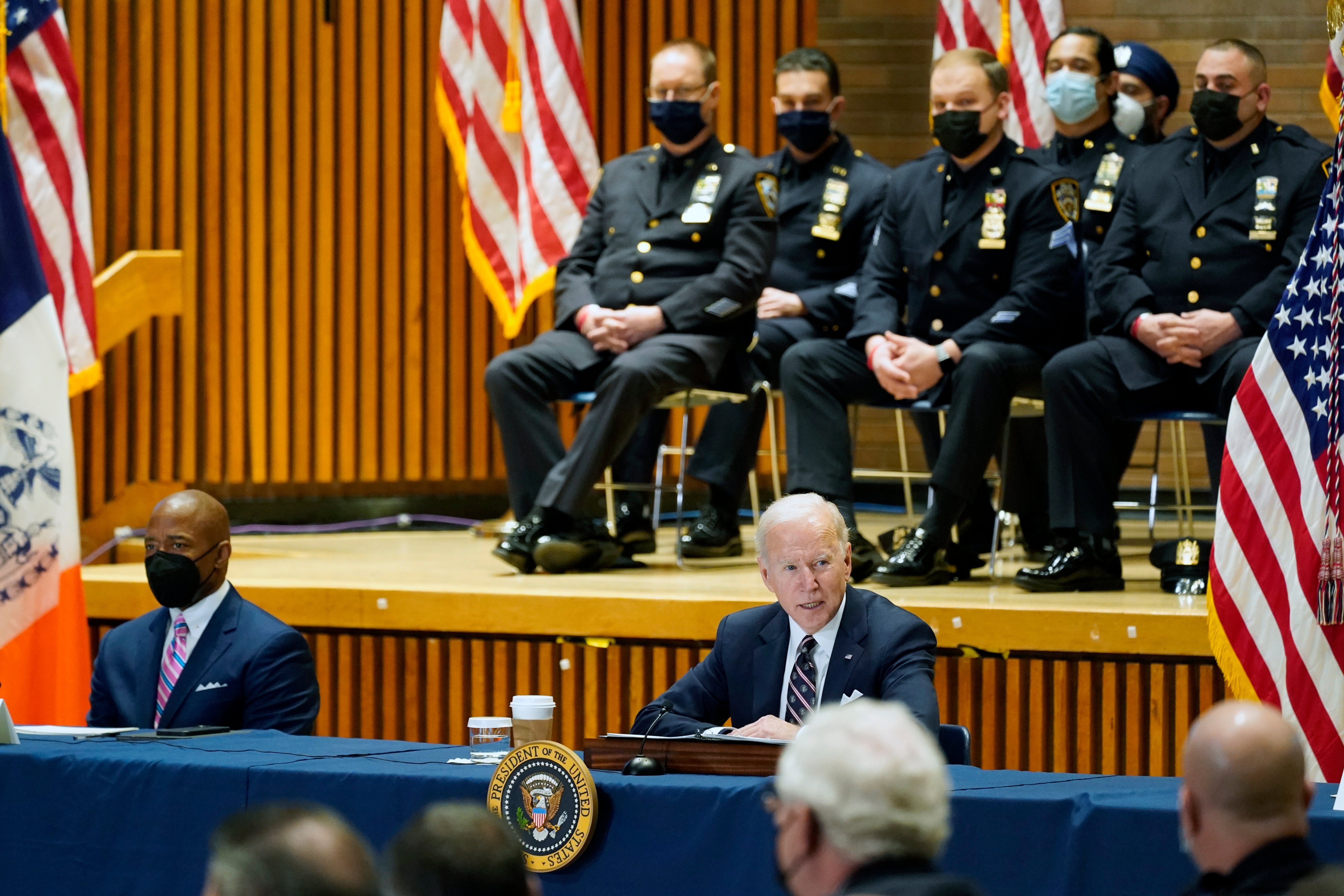 President Joe Biden speaks at an event to discuss gun violence strategies, at police headquarters on Feb. 3, 2022, in New York. (Alex Brandon — AP)