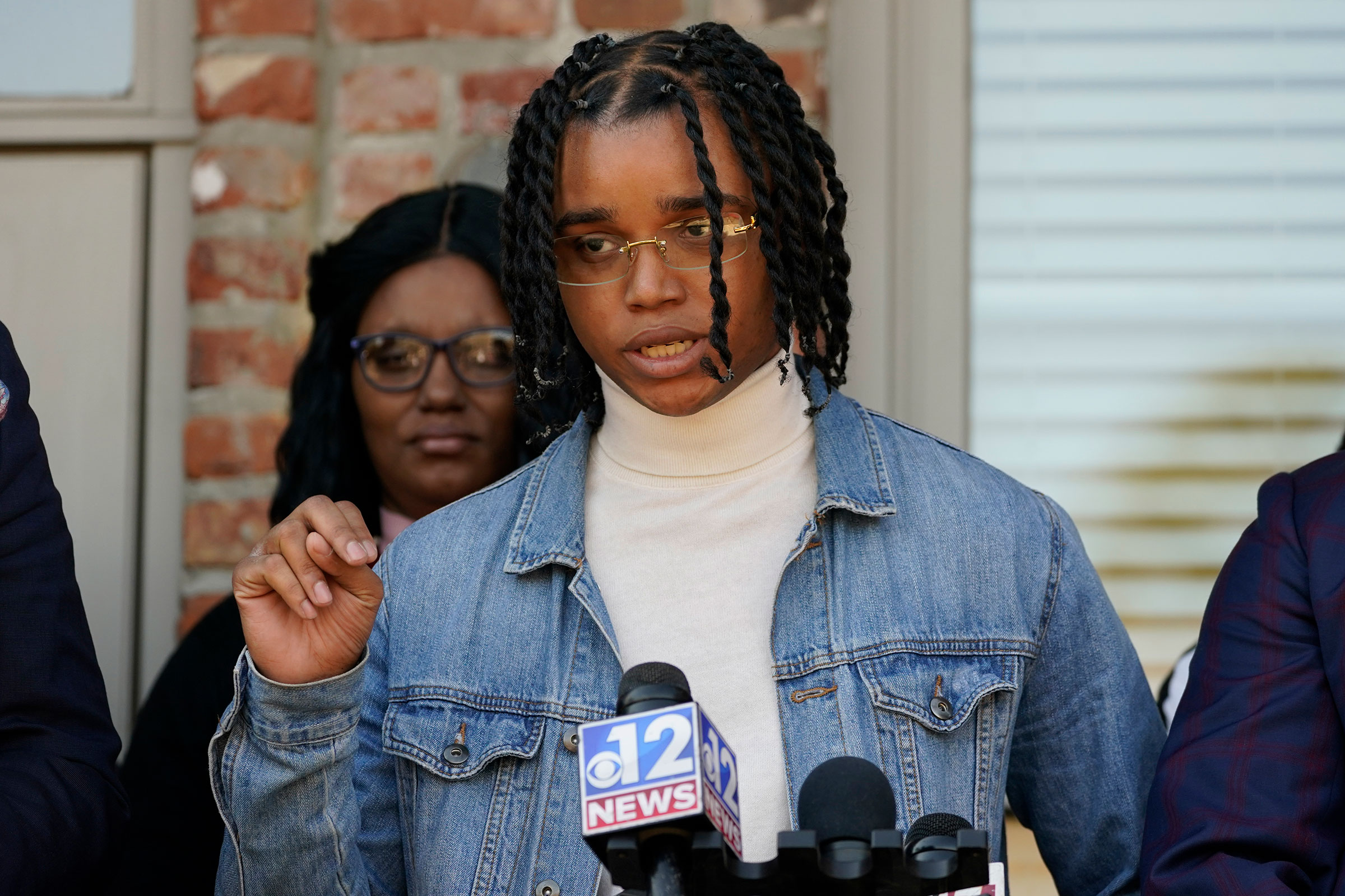 FedEx driver D’Monterrio Gibson speaks about his recent experience where he says he was fired upon and chased by a white father and son while delivering packages on his route in Brookhaven, at a news conference in Ridgeland, Miss., on Feb. 10, 2022. (Rogelio V. Solis—AP)