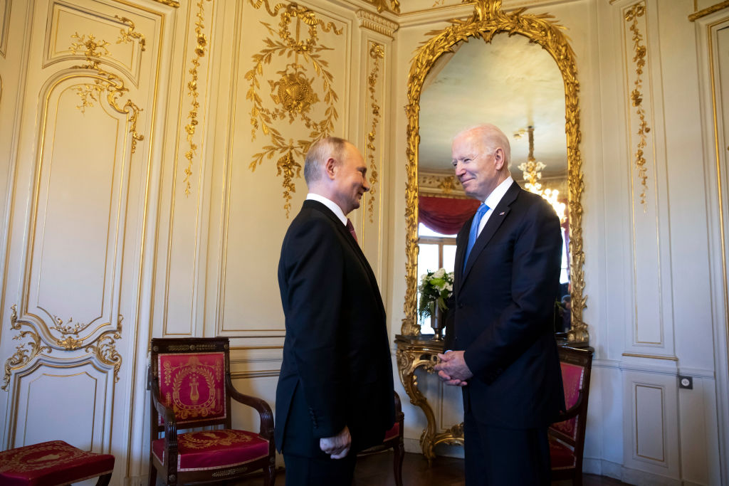 U.S. President Joe Biden (R) and Russian President Vladimir Putin meet during the U.S.-Russia summit at Villa La Grange on June 16, 2021 in Geneva, Switzerland. (Peter Klaunzer—Pool/Keystone/Getty Images)
