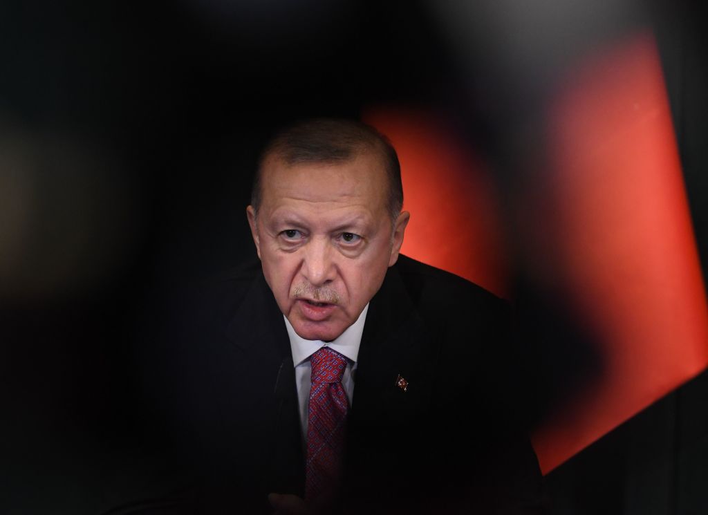 Turkish President Recep Tayyip Erdogan, looks on during a press conference in Tirana on January 17, 2022. (Photo by GENT SHKULLAKU/AFP—Getty Images)
