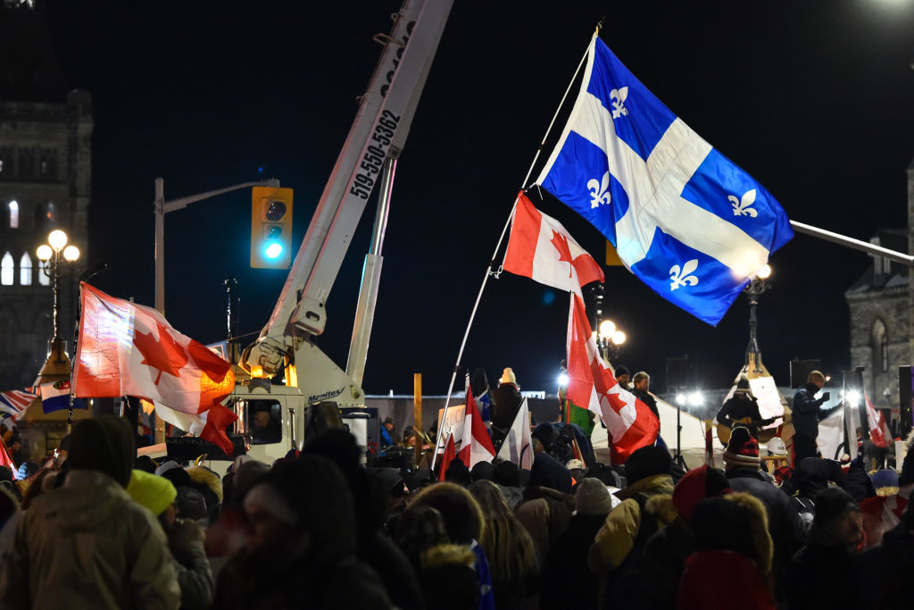 Supporters against vaccine mandates continue to rally into the night on Feb. 5, 2022 in Ottawa, Canada. (Minas Panagiotakis/Getty Images)