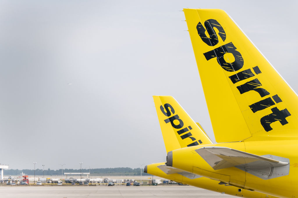 HOUSTON, TEXAS - AUGUST 05: Spirit Airlines aircrafts are shown at the George Bush Intercontinental Airport on August 05, 2021 in Houston, Texas. (Brandon Bell/Getty Images)