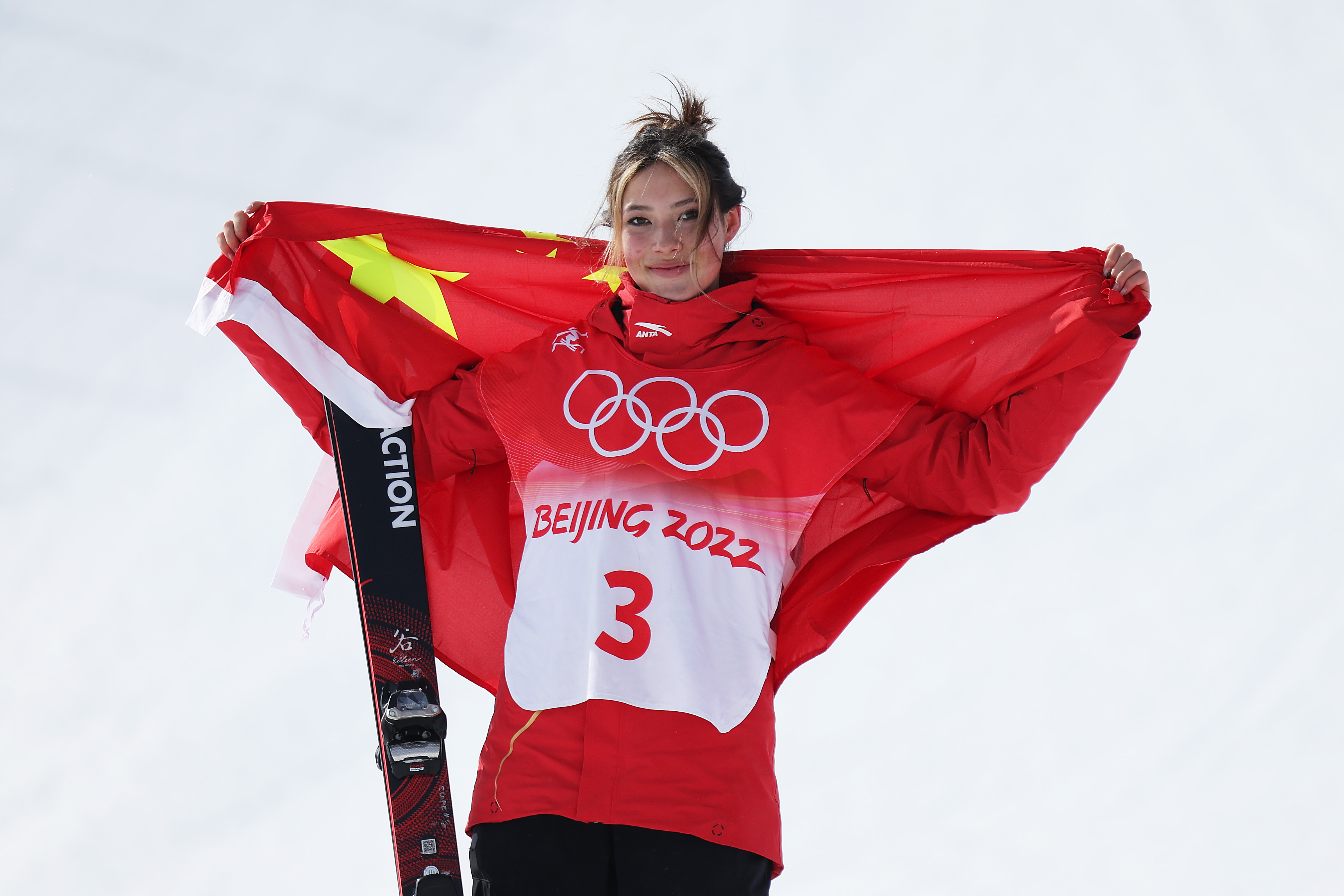 Eileen Gu celebrates her silver medal victory for China. (Maddie Meyer / Getty Images)