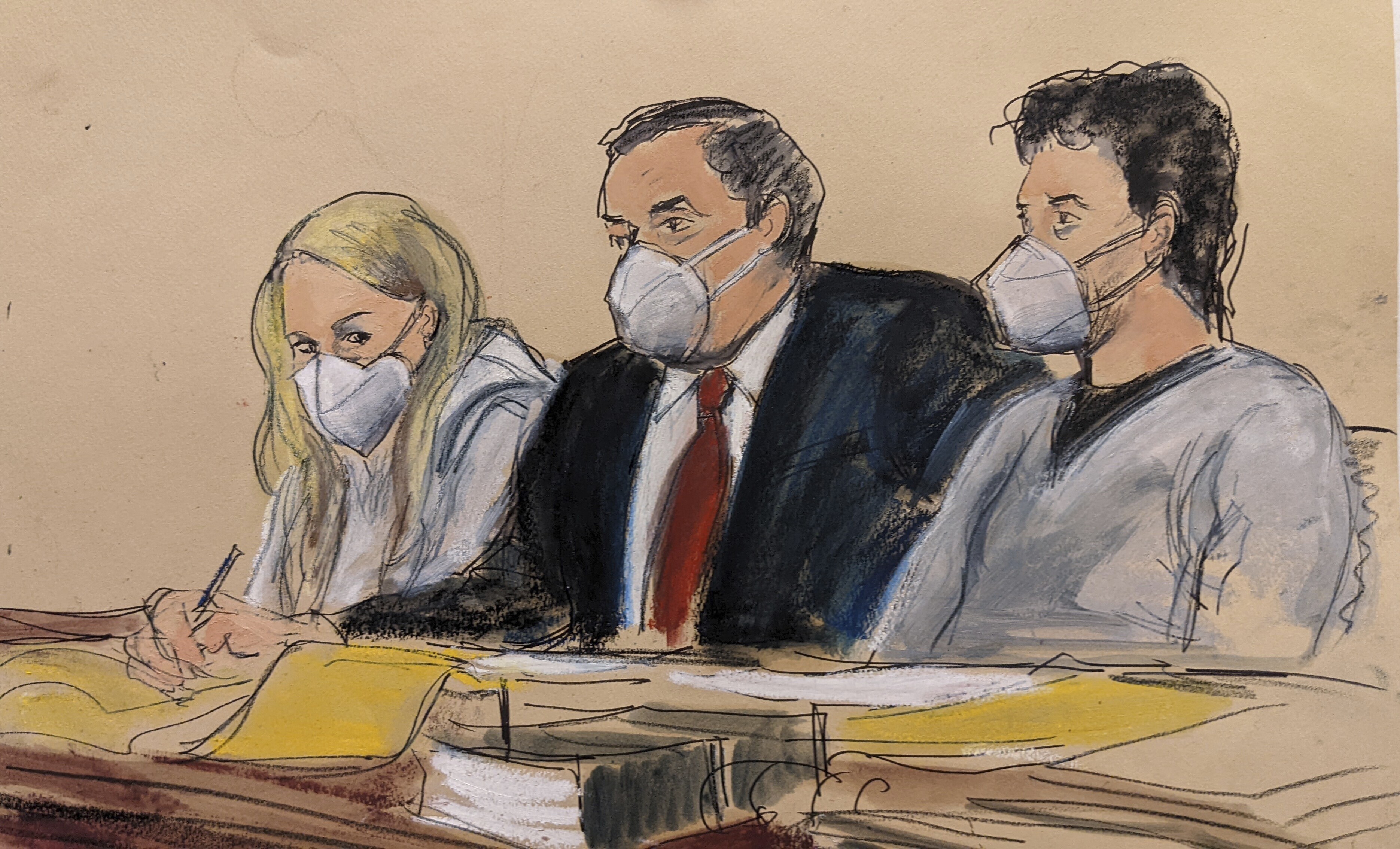 In this courtroom sketch, attorney Sam Enzer, center, sits between Heather Morgan, left, and her husband, Ilya 