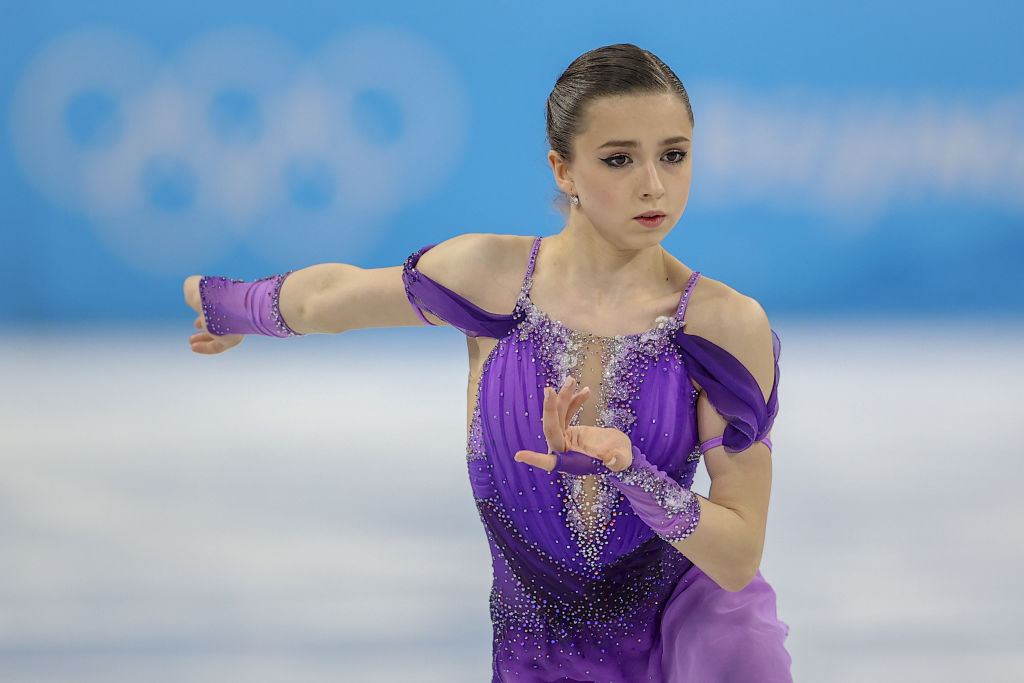 Kamila Valieva of the Russian Olympic Committee (ROC), performs during the Women's Single Skating Short Program on day eleven of the Beijing 2022 Winter Olympic Games on Feb. 15, 2022 in Beijing. (Nikolay Muratkin–Anadolu Agency/Getty Images)